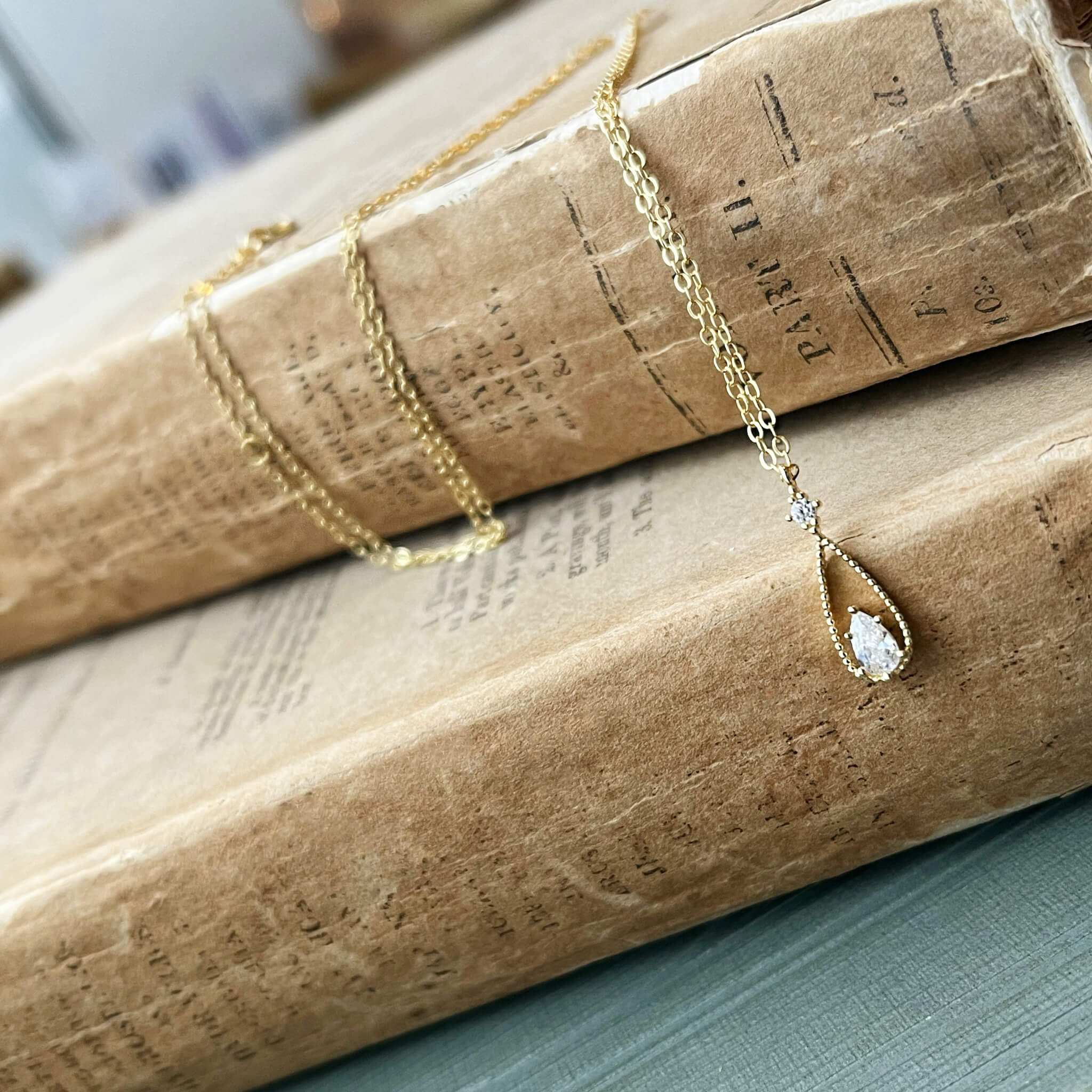 Jules Bridal - Carlin, 14k Gold Plated Minimalist Crystal Drop Pendant