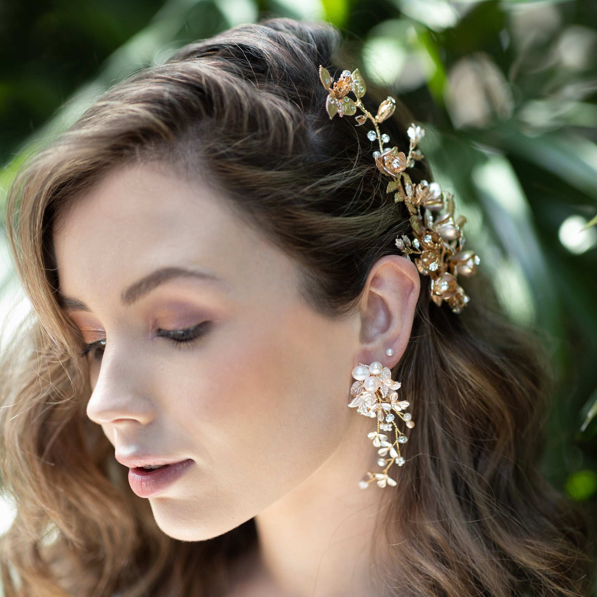 Jules Bridal - Carola, Rose Gold Floral Leaf Pearl & Crystal French-back Earrings
