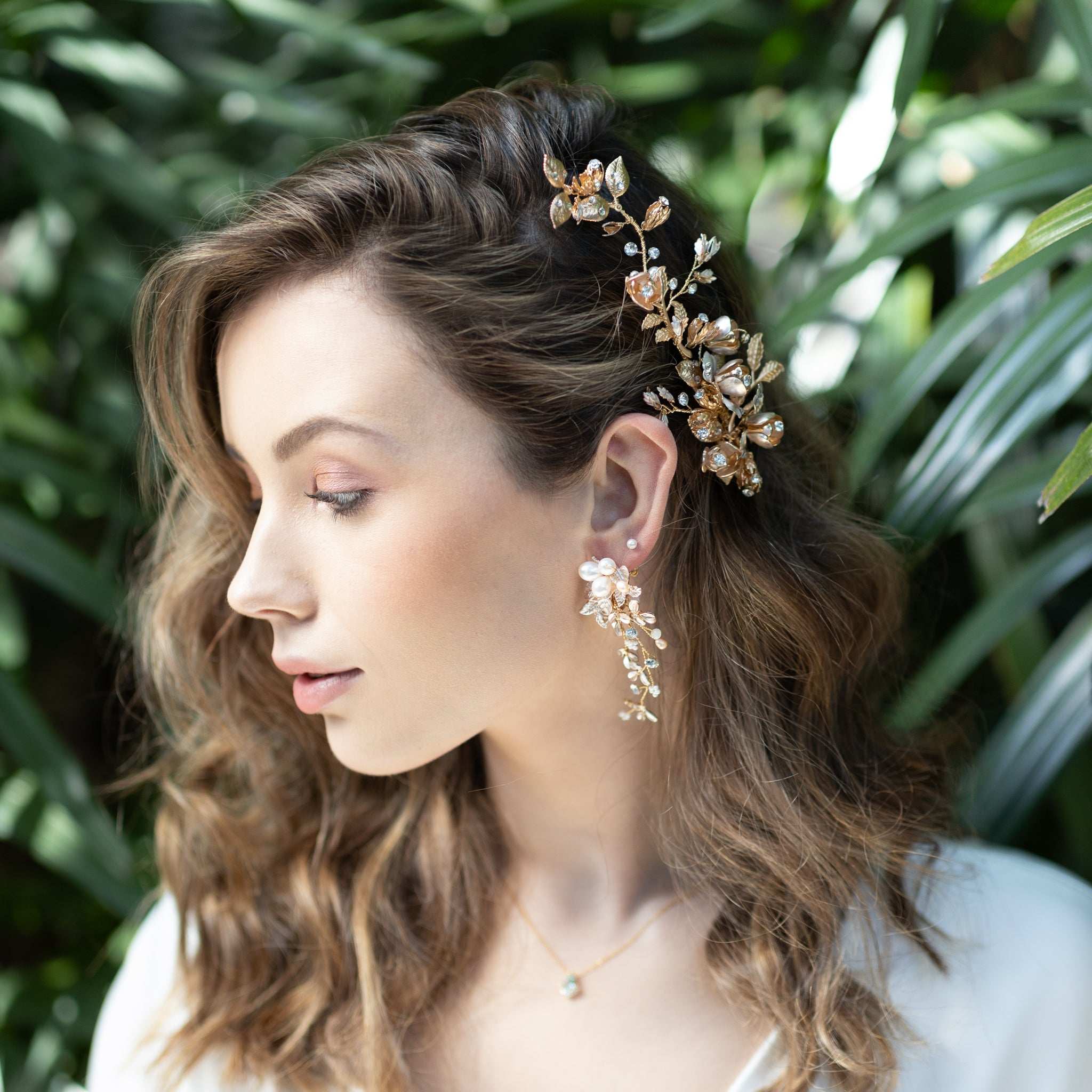 Jules Bridal - Carola, Rose Gold Floral Leaf Pearl & Crystal French-back Earrings