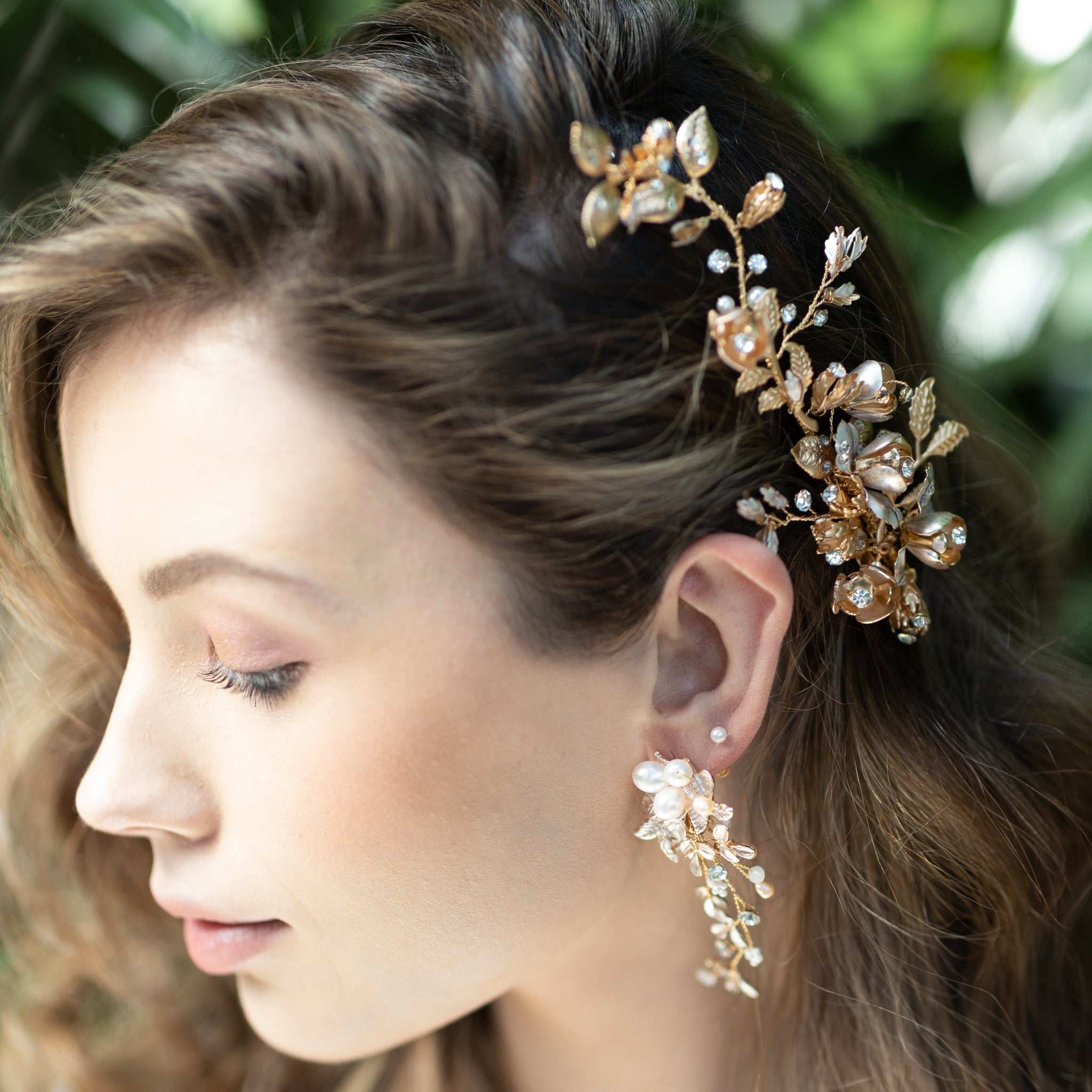 Jules Bridal - Carola, Rose Gold Floral Leaf Pearl & Crystal French-back Earrings