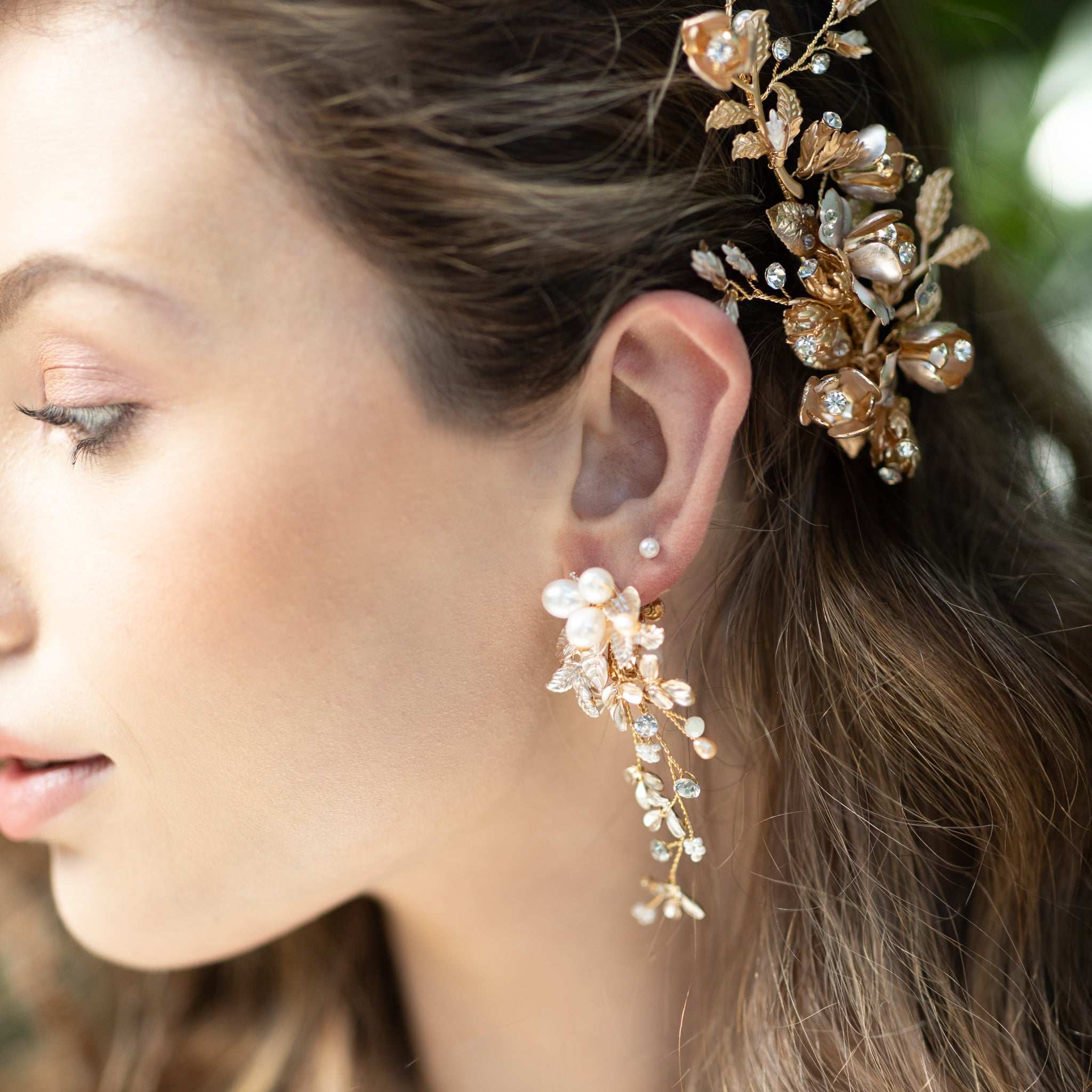 Jules Bridal - Carola, Rose Gold Floral Leaf Pearl & Crystal French-back Earrings