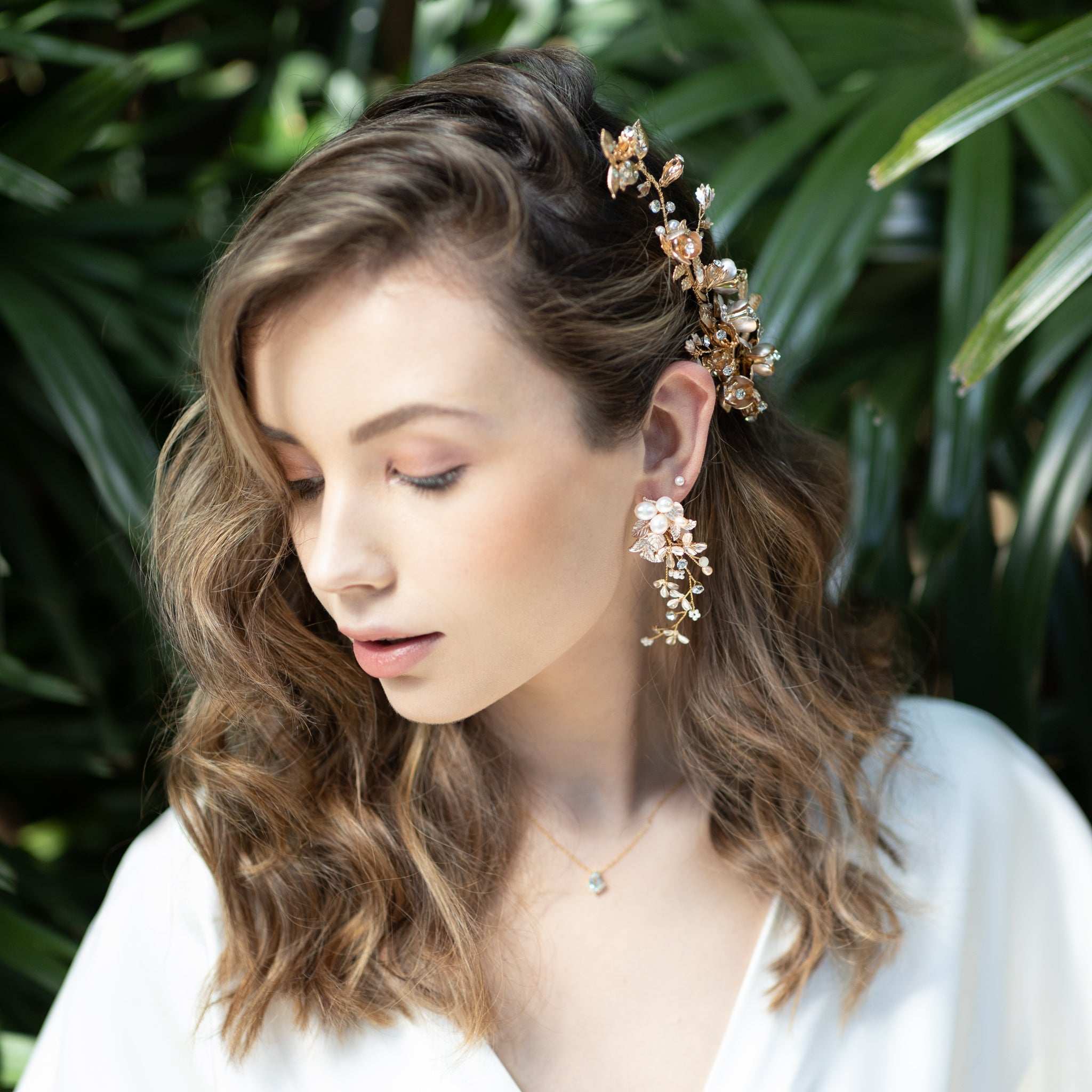 Jules Bridal - Carola, Rose Gold Floral Leaf Pearl & Crystal French-back Earrings