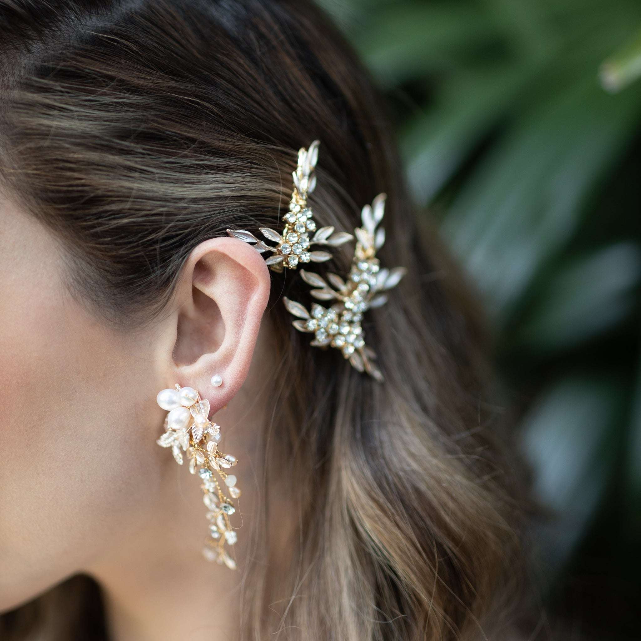 Jules Bridal - Carola, Rose Gold Floral Leaf Pearl & Crystal French-back Earrings