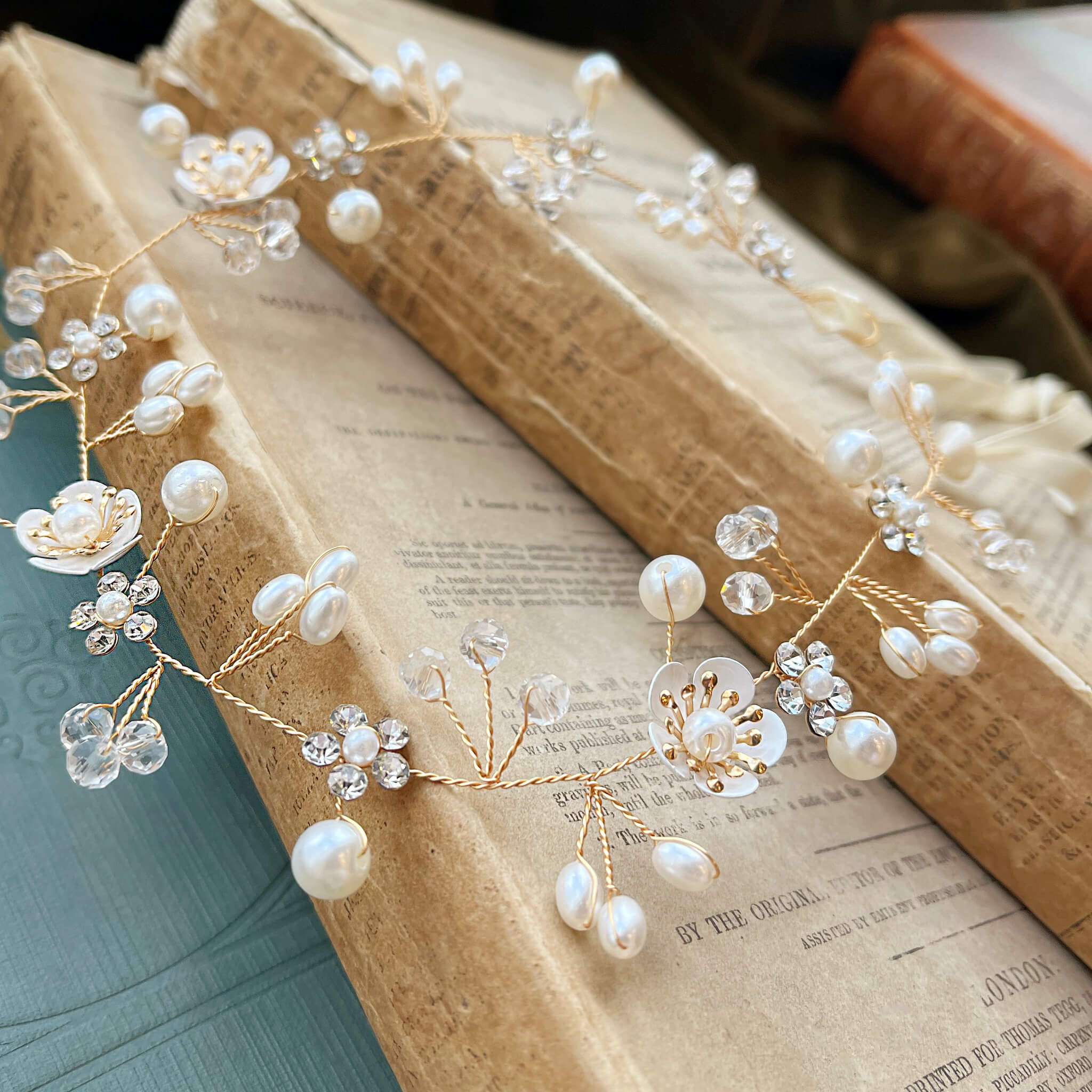 Jules Bridal - Clementine, Floral Hair Vine in Gold with Pearls & Crystals