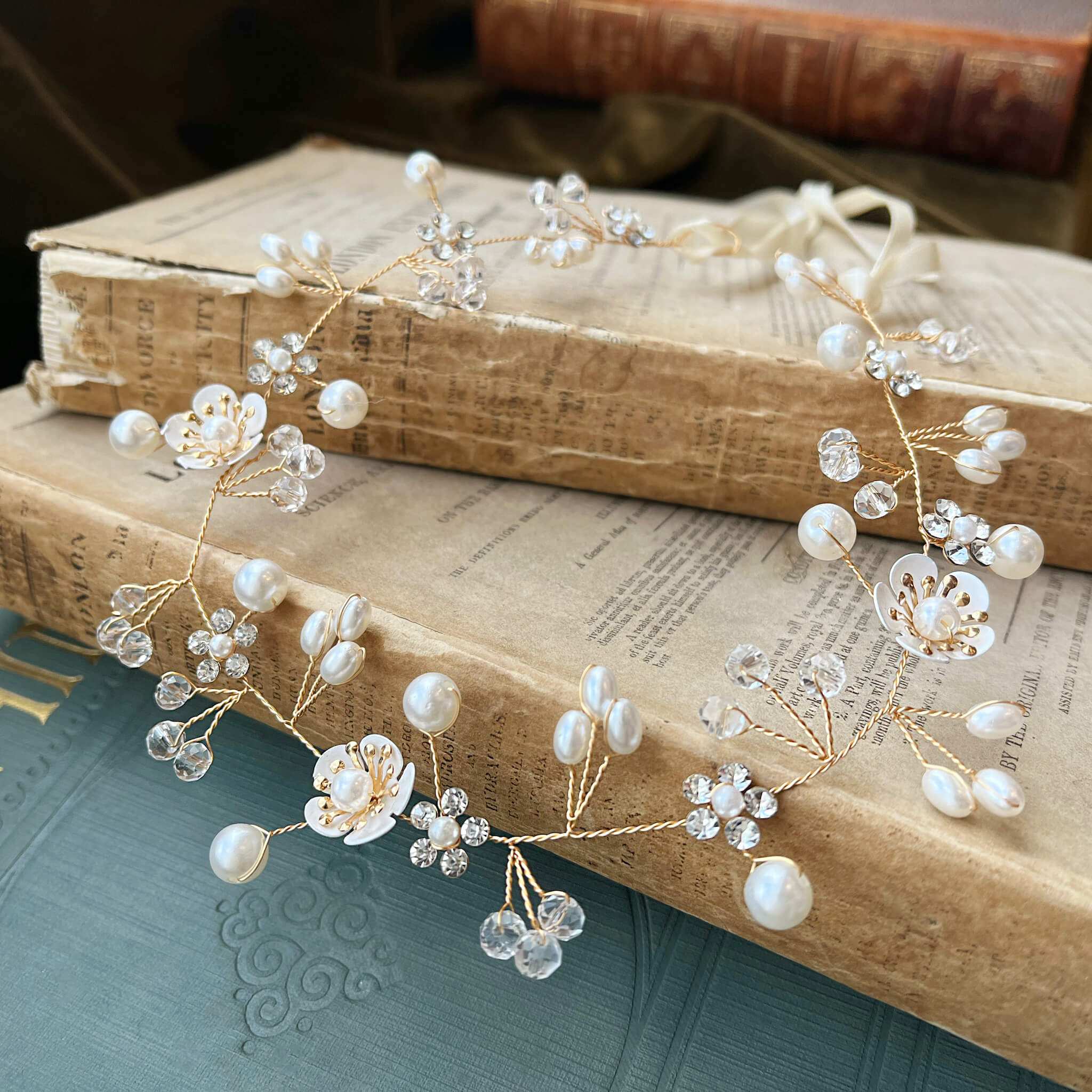 Jules Bridal - Clementine, Floral Hair Vine in Gold with Pearls & Crystals
