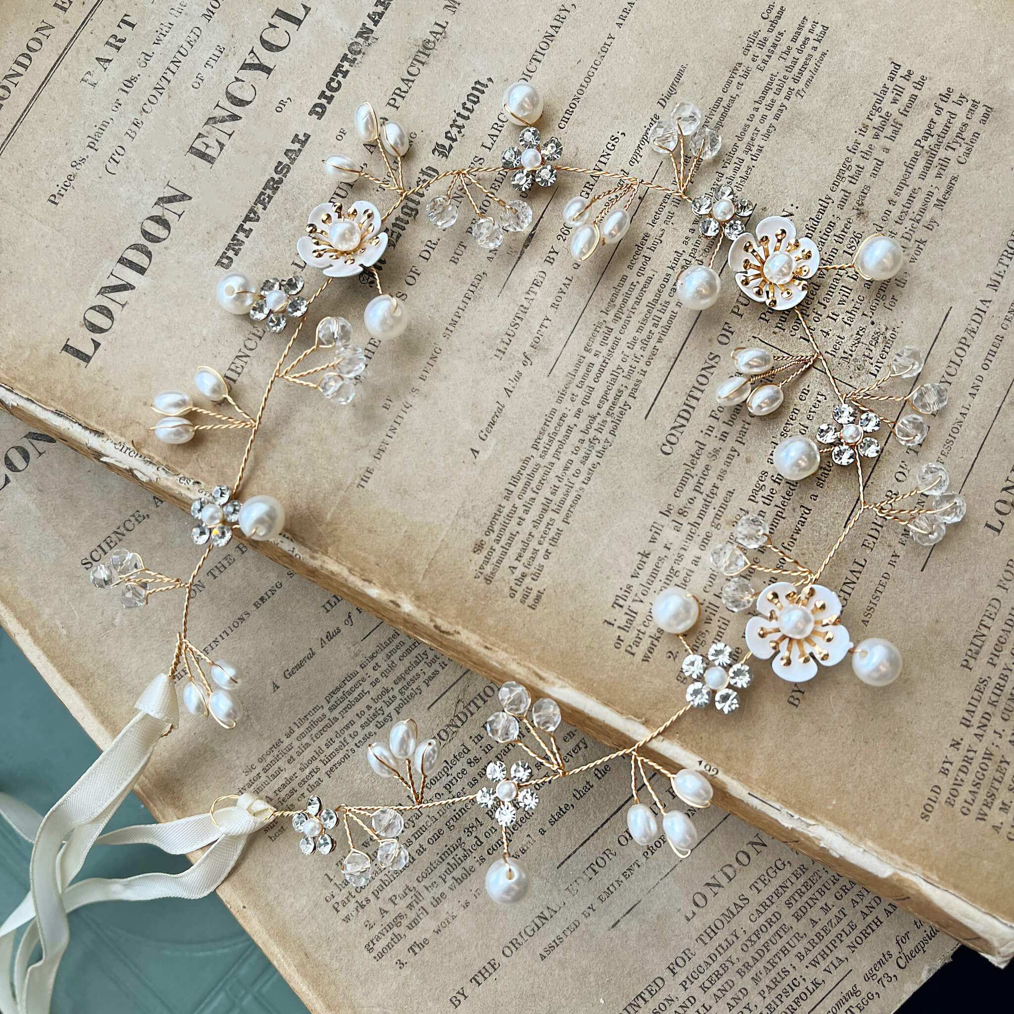 Jules Bridal - Clementine, Floral Hair Vine in Gold with Pearls & Crystals
