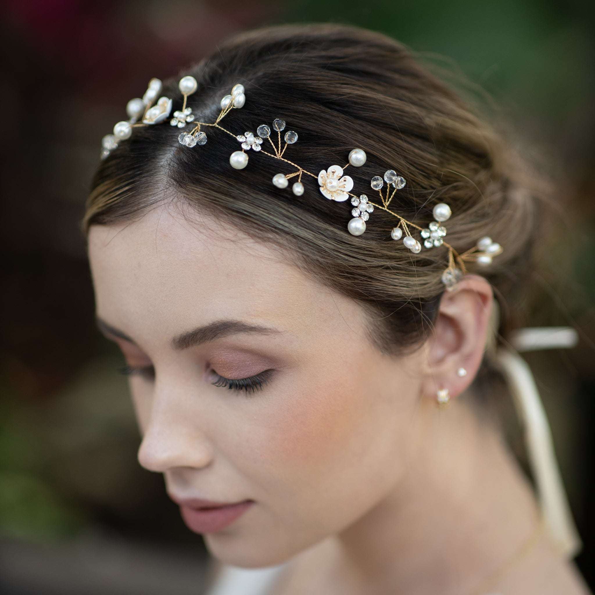 Jules Bridal - Clementine, Floral Hair Vine in Gold with Pearls & Crystals