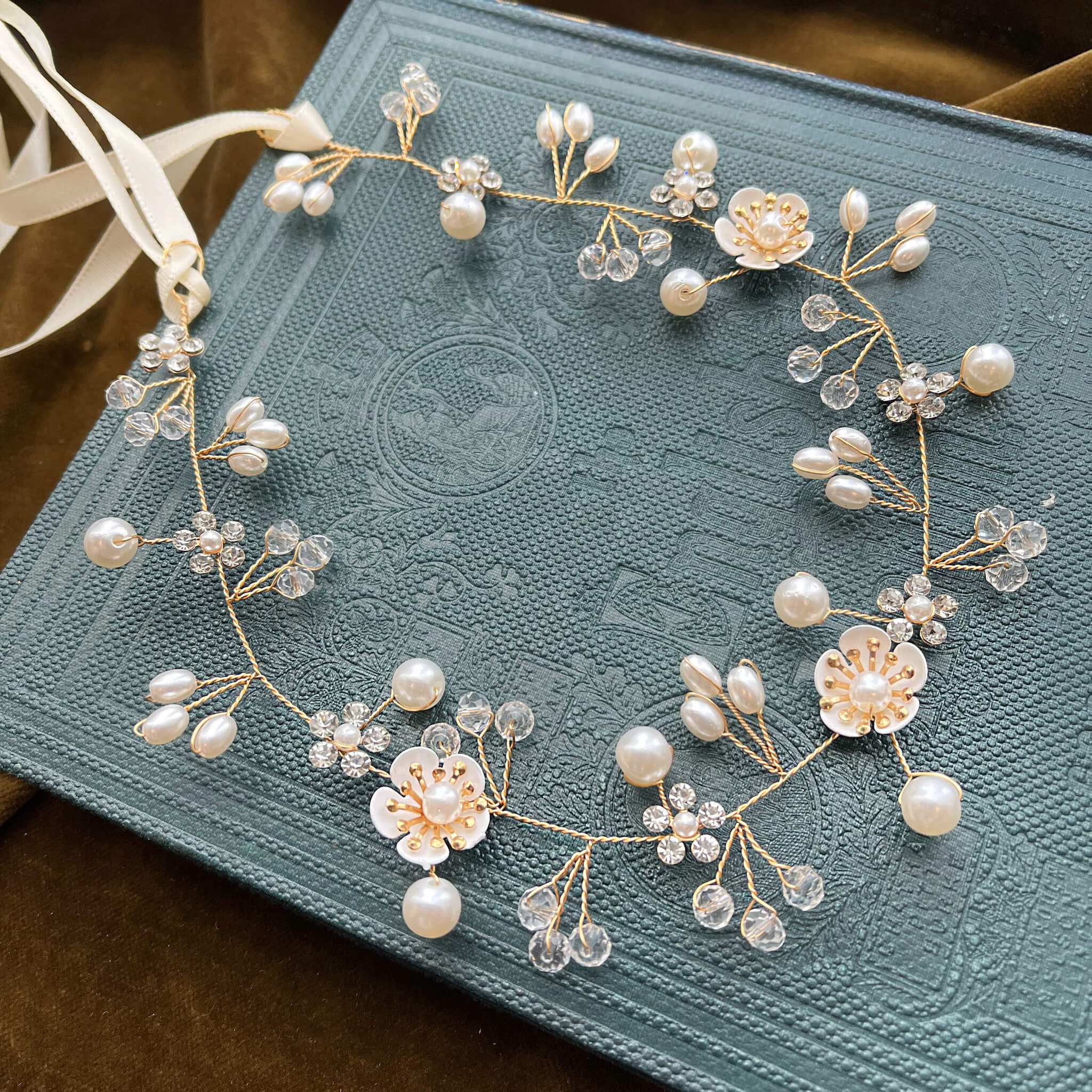 Jules Bridal - Clementine, Floral Hair Vine in Gold with Pearls & Crystals