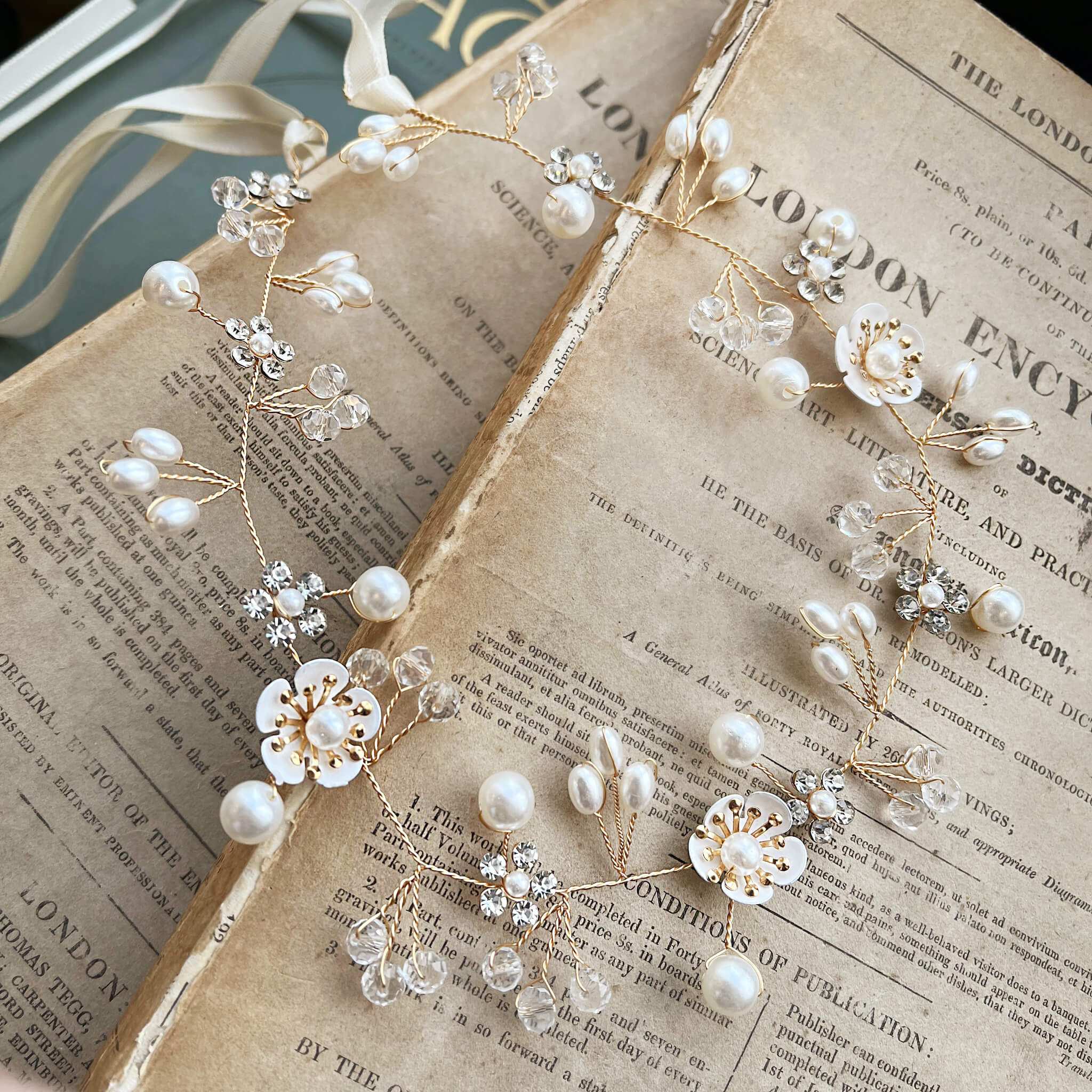 Jules Bridal - Clementine, Floral Hair Vine in Gold with Pearls & Crystals