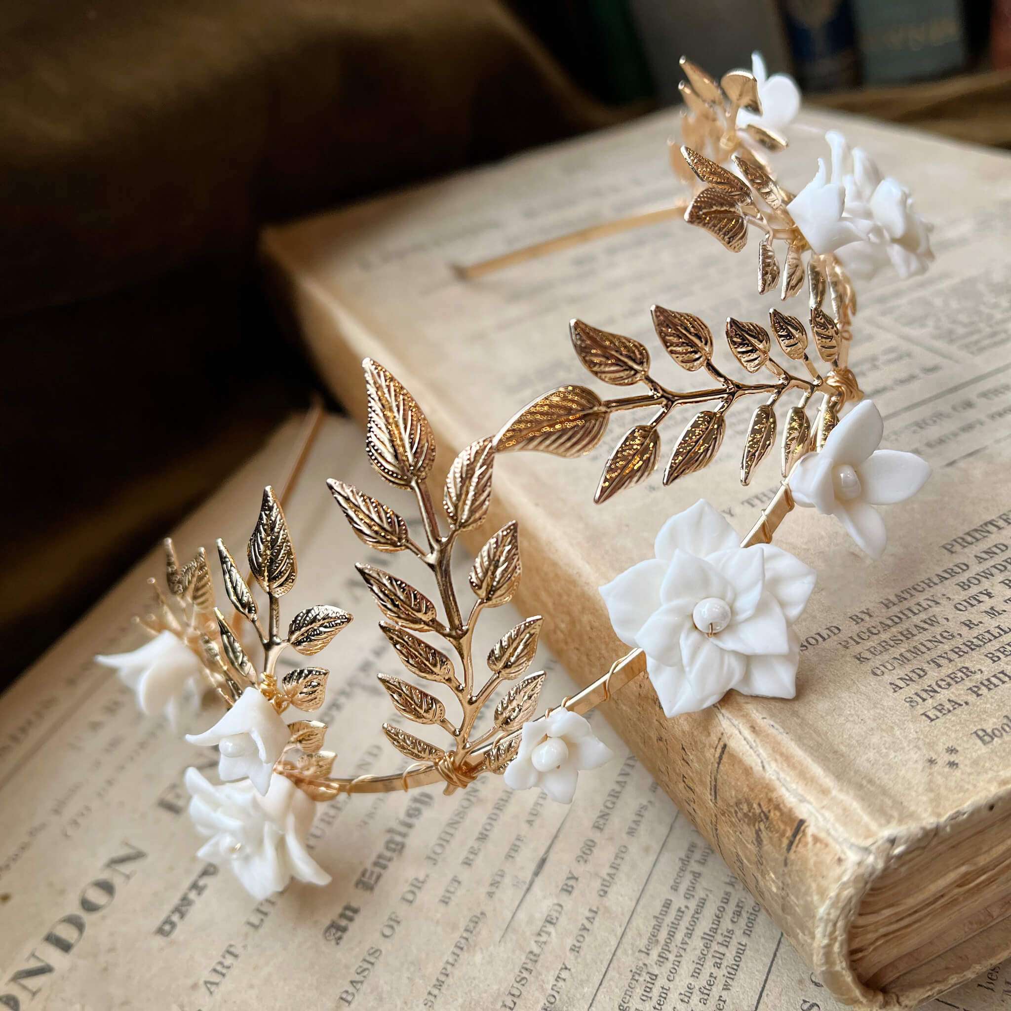 Jules Bridal - Daphne, White Ceramic Flower Laurel Crown Headband in Gold