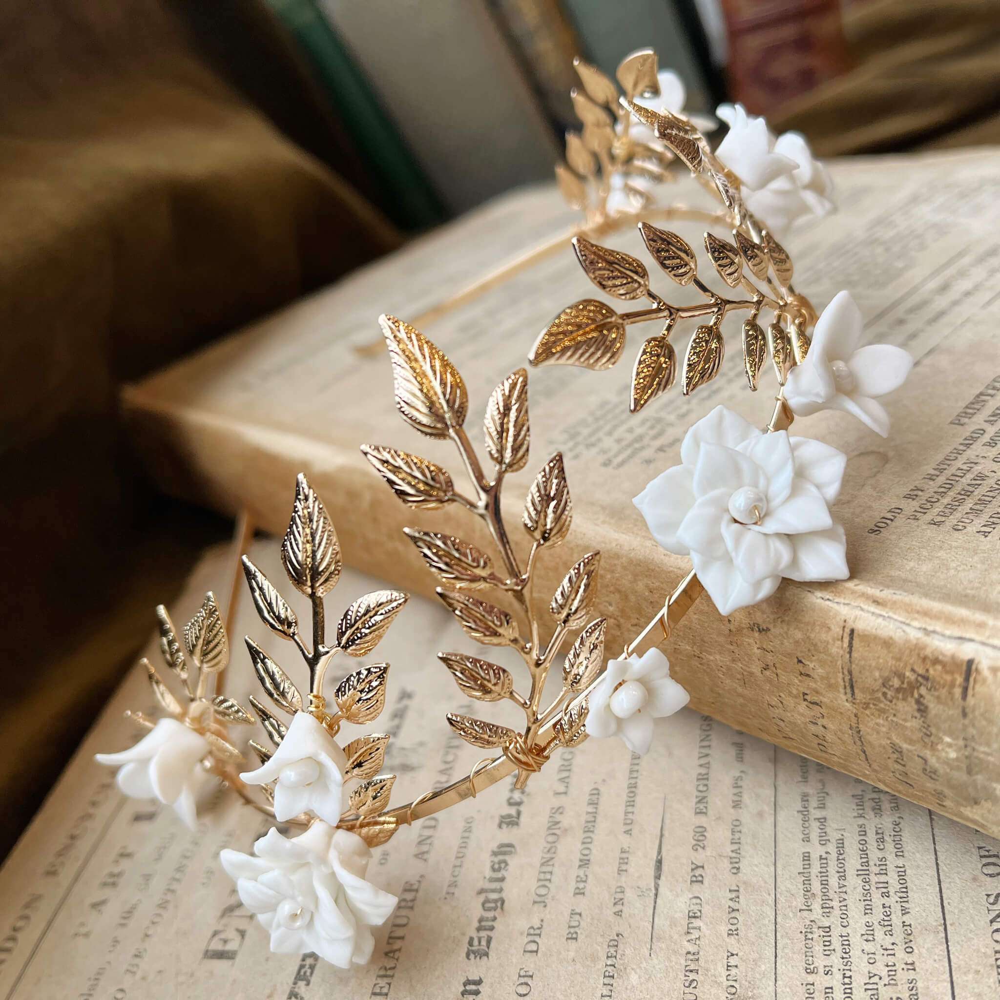 Jules Bridal - Daphne, White Ceramic Flower Laurel Crown Headband in Gold