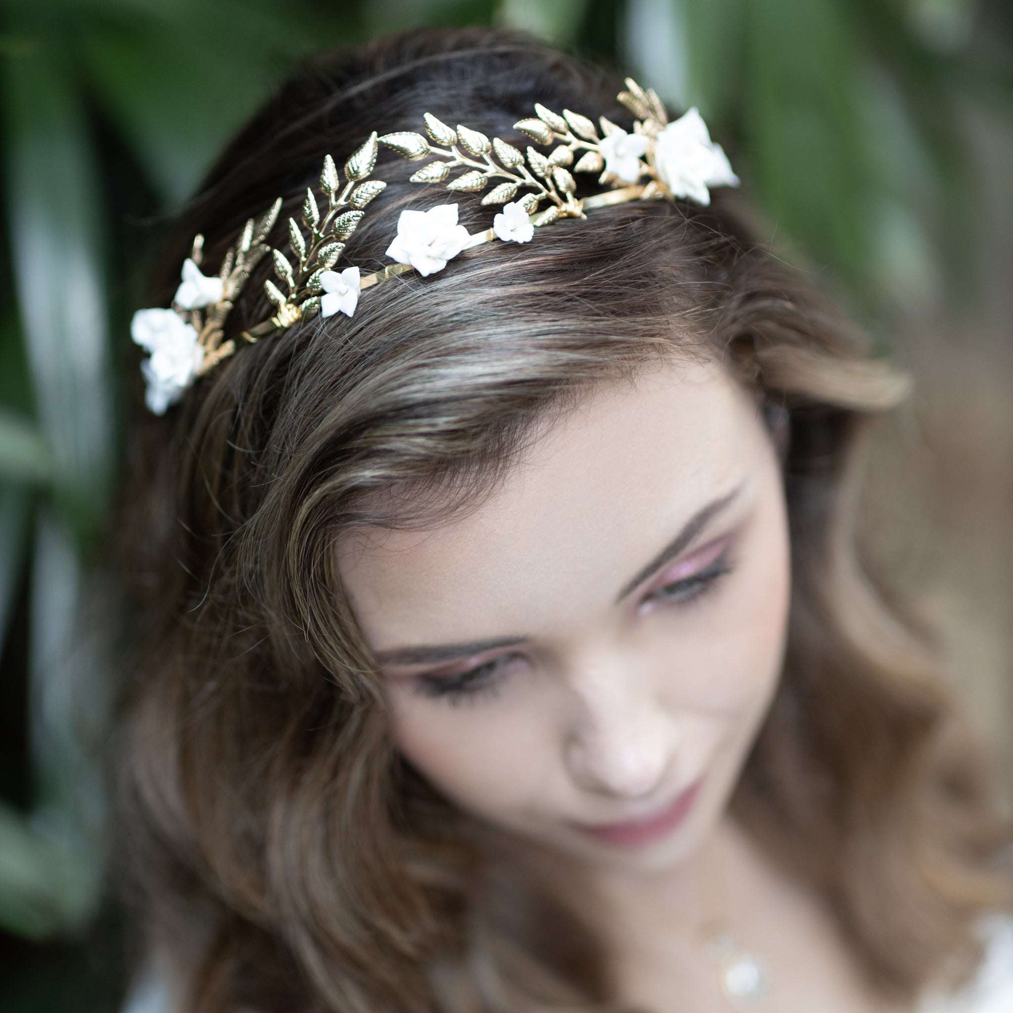 Jules Bridal - Daphne, White Ceramic Flower Laurel Crown Headband in Gold