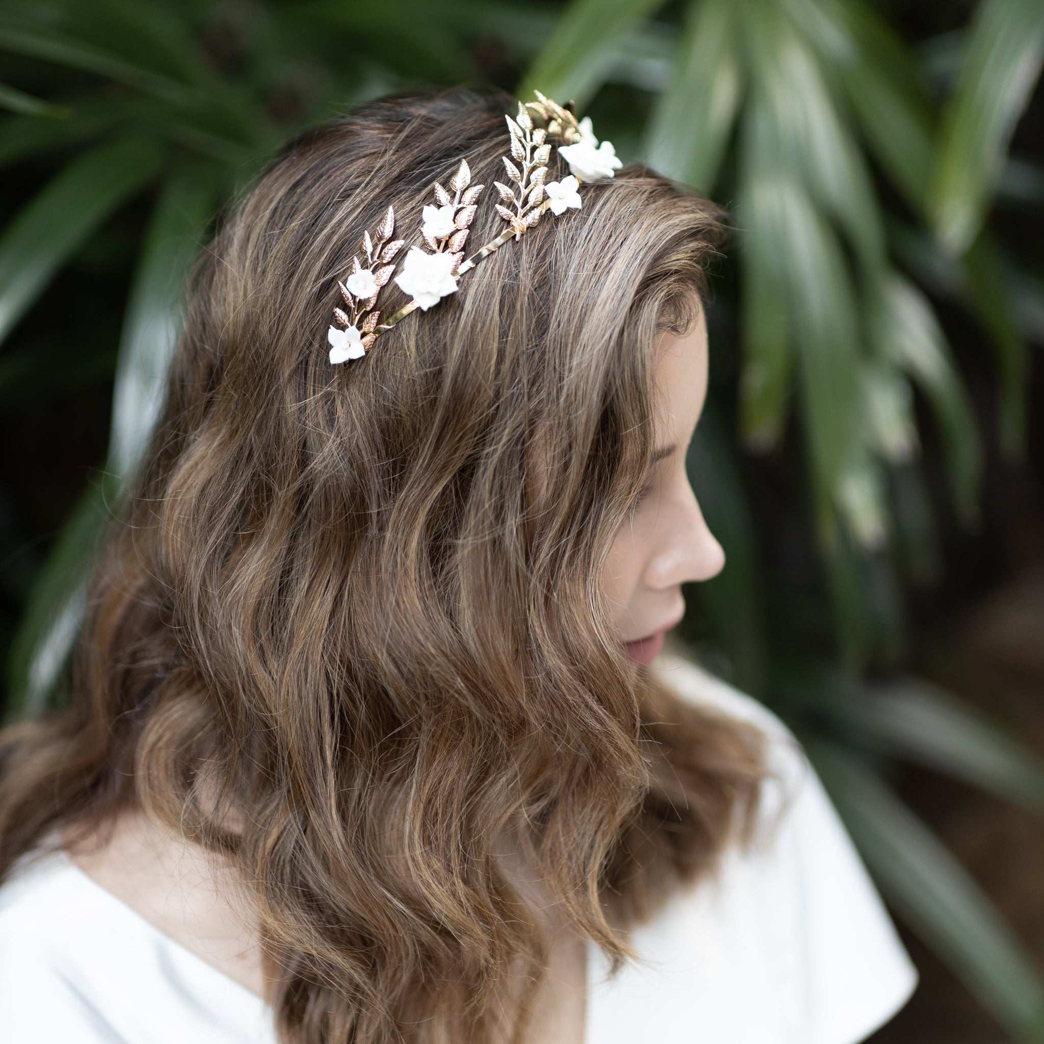 Jules Bridal - Daphne, White Ceramic Flower Laurel Crown Headband in Gold