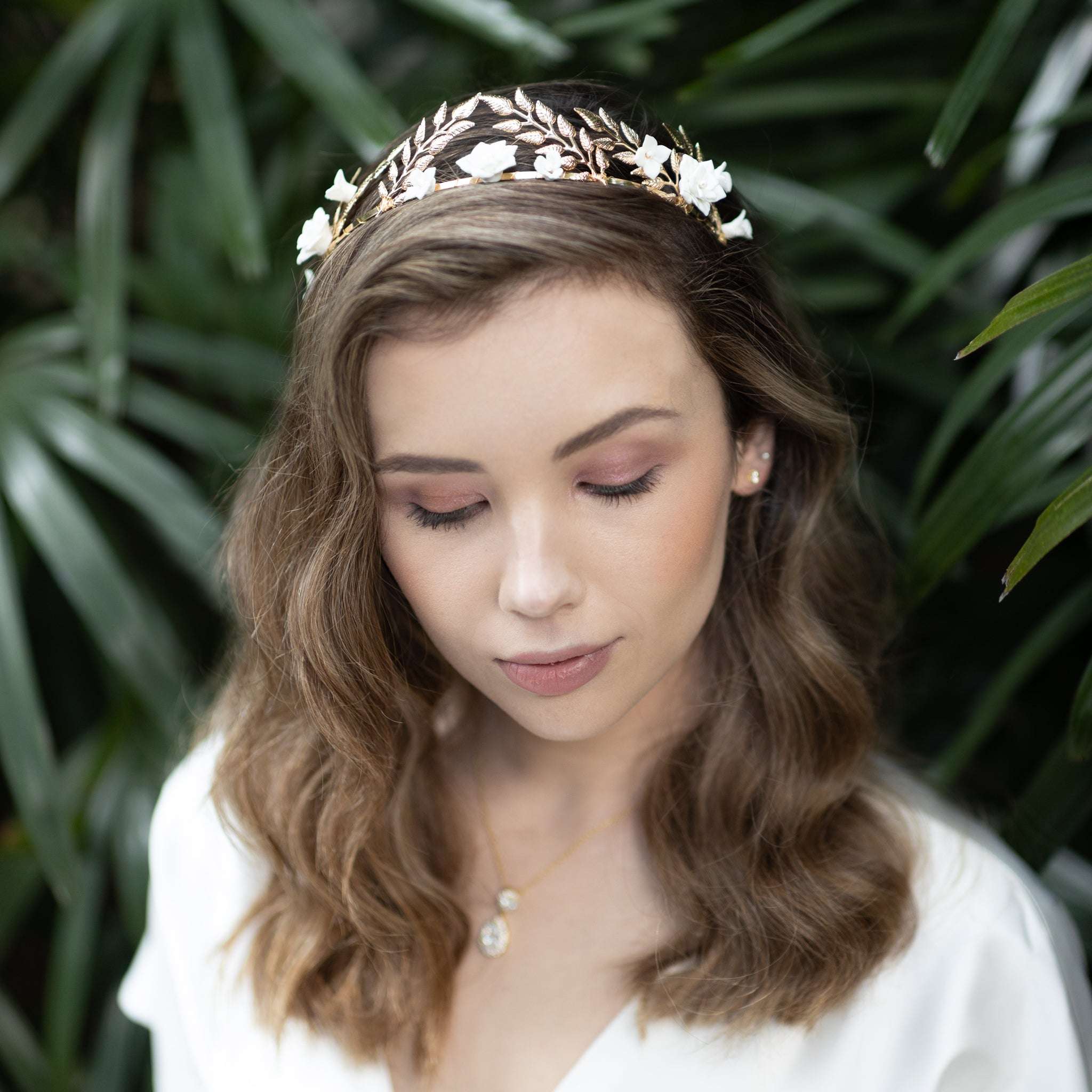 Jules Bridal - Daphne, White Ceramic Flower Laurel Crown Headband in Gold