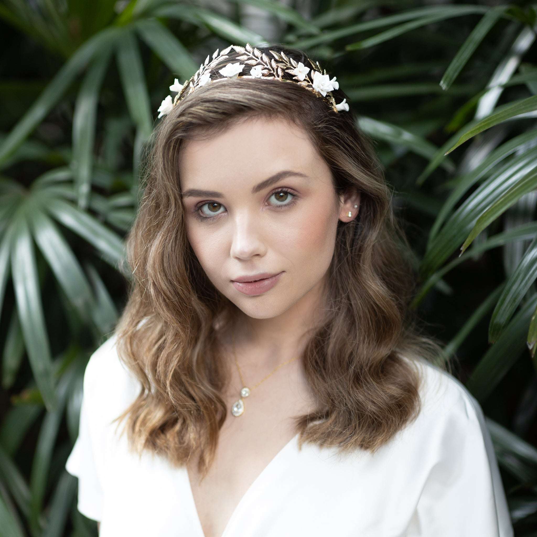 Jules Bridal - Daphne, White Ceramic Flower Laurel Crown Headband in Gold