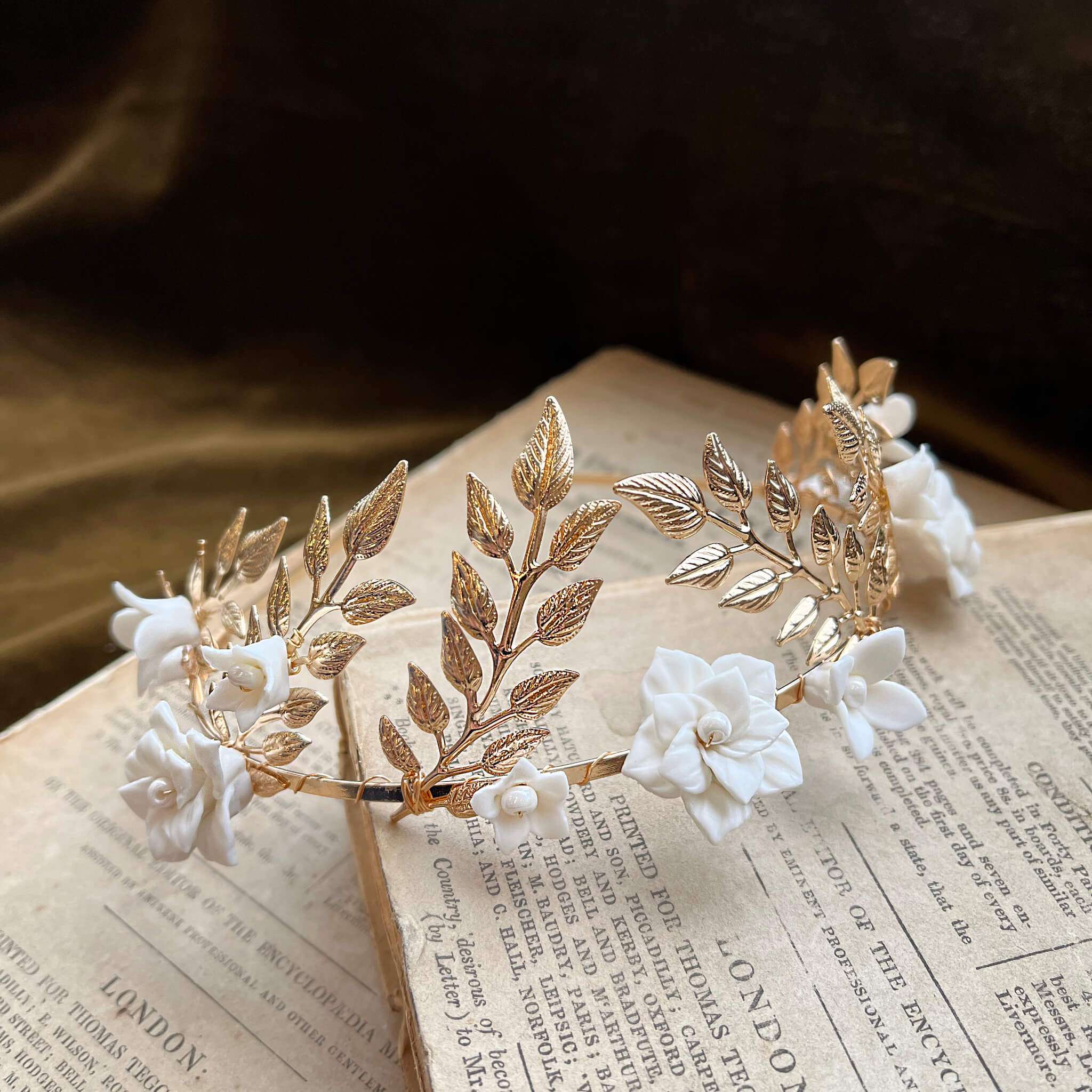 Jules Bridal - Daphne, White Ceramic Flower Laurel Crown Headband in Gold
