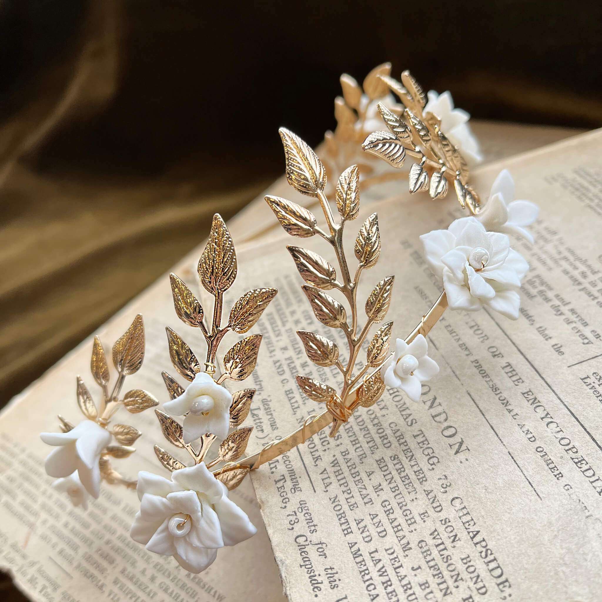 Jules Bridal - Daphne, White Ceramic Flower Laurel Crown Headband in Gold