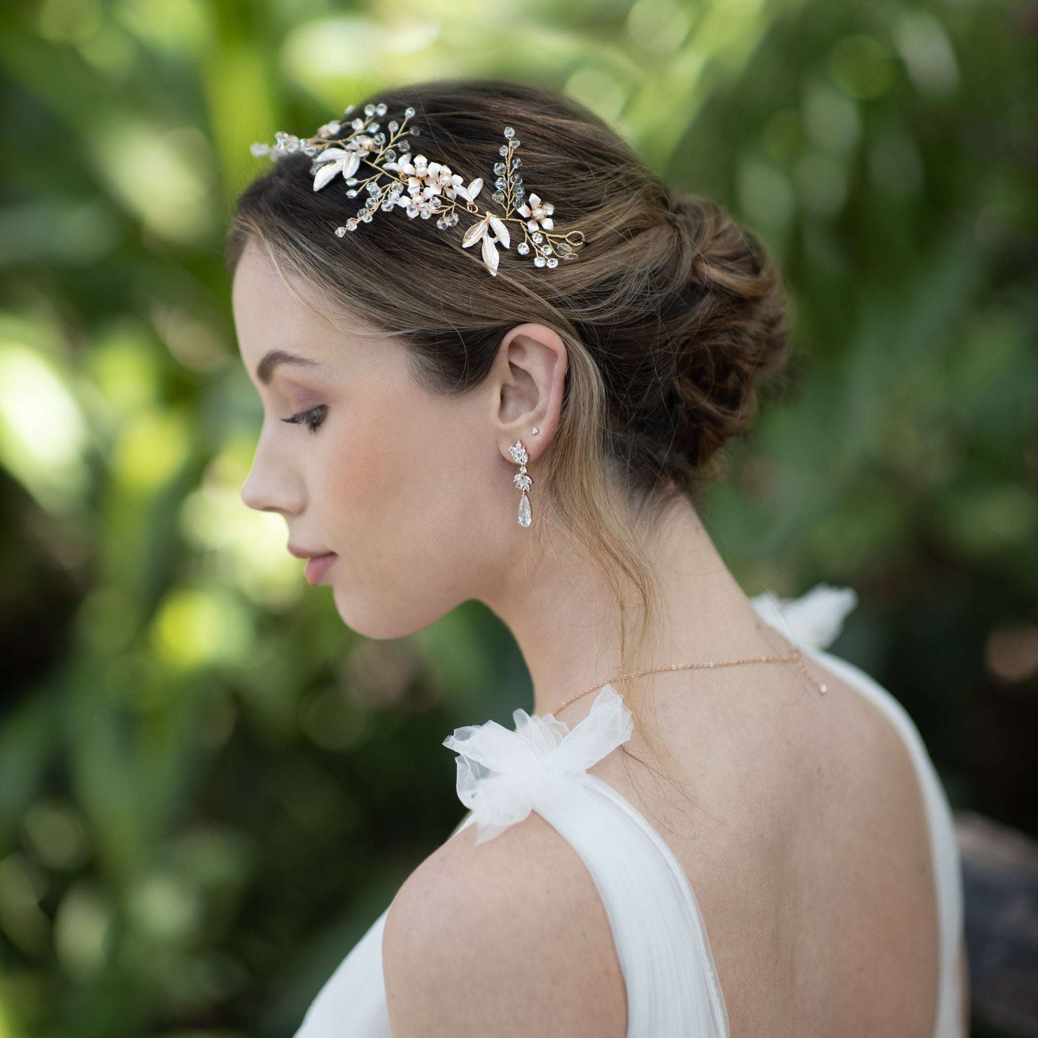 Jules Bridal - Dianthe, Grecian Goddess Crystal Hair Vine in Gold with Pearls and Floral Motifs