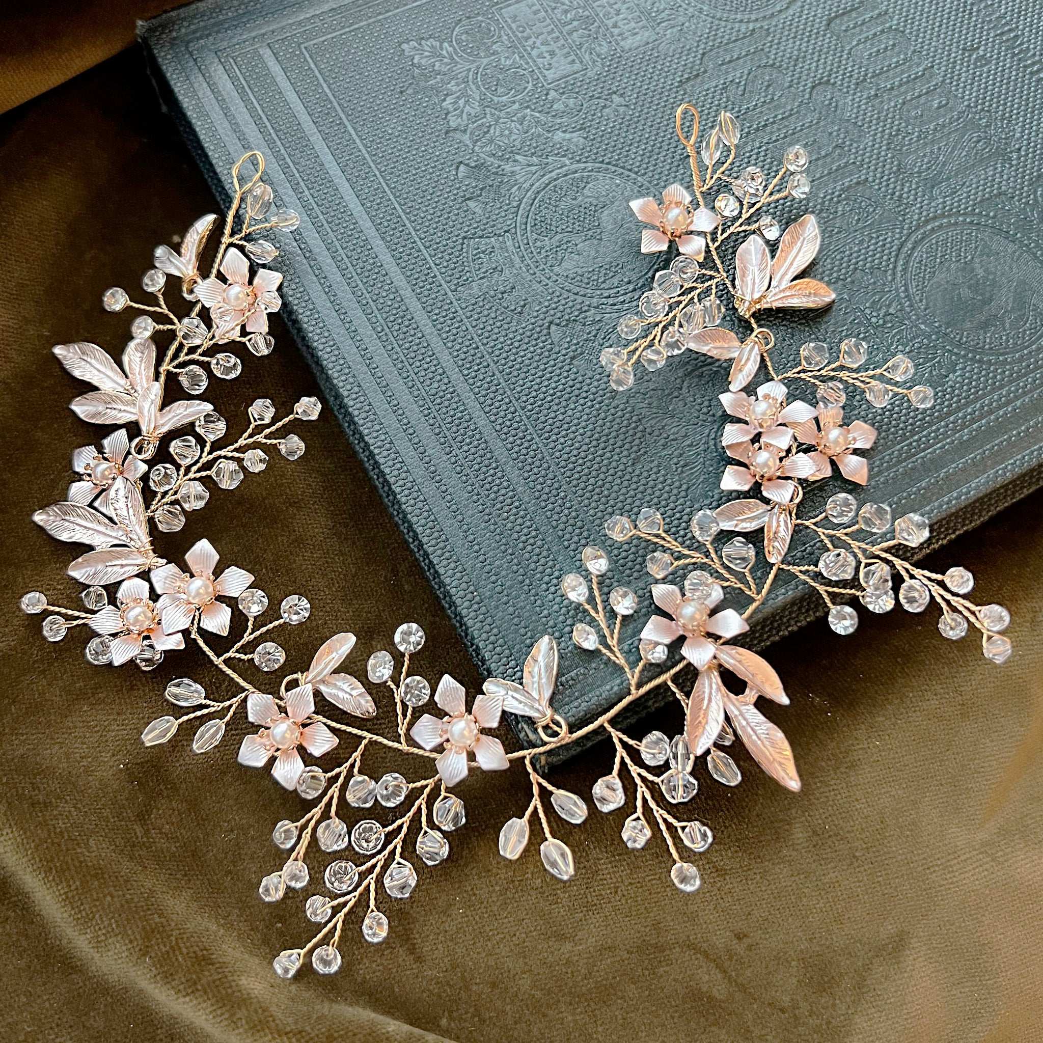 Jules Bridal - Dianthe, Grecian Goddess Crystal Hair Vine in Gold with Pearls and Floral Motifs