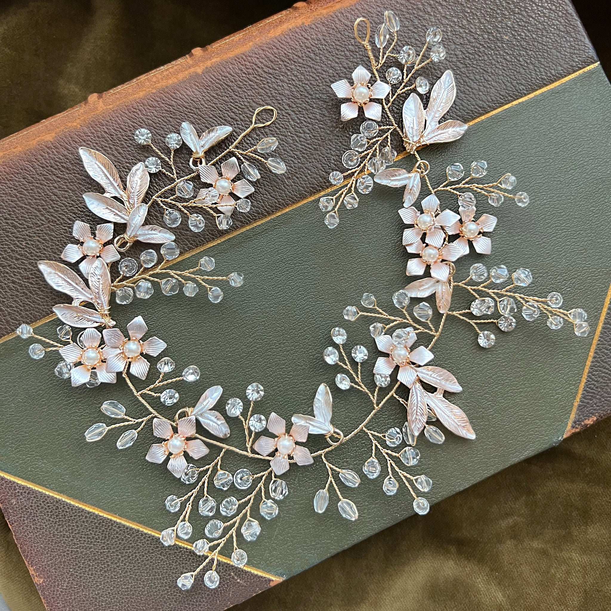 Jules Bridal - Dianthe, Grecian Goddess Crystal Hair Vine in Gold with Pearls and Floral Motifs