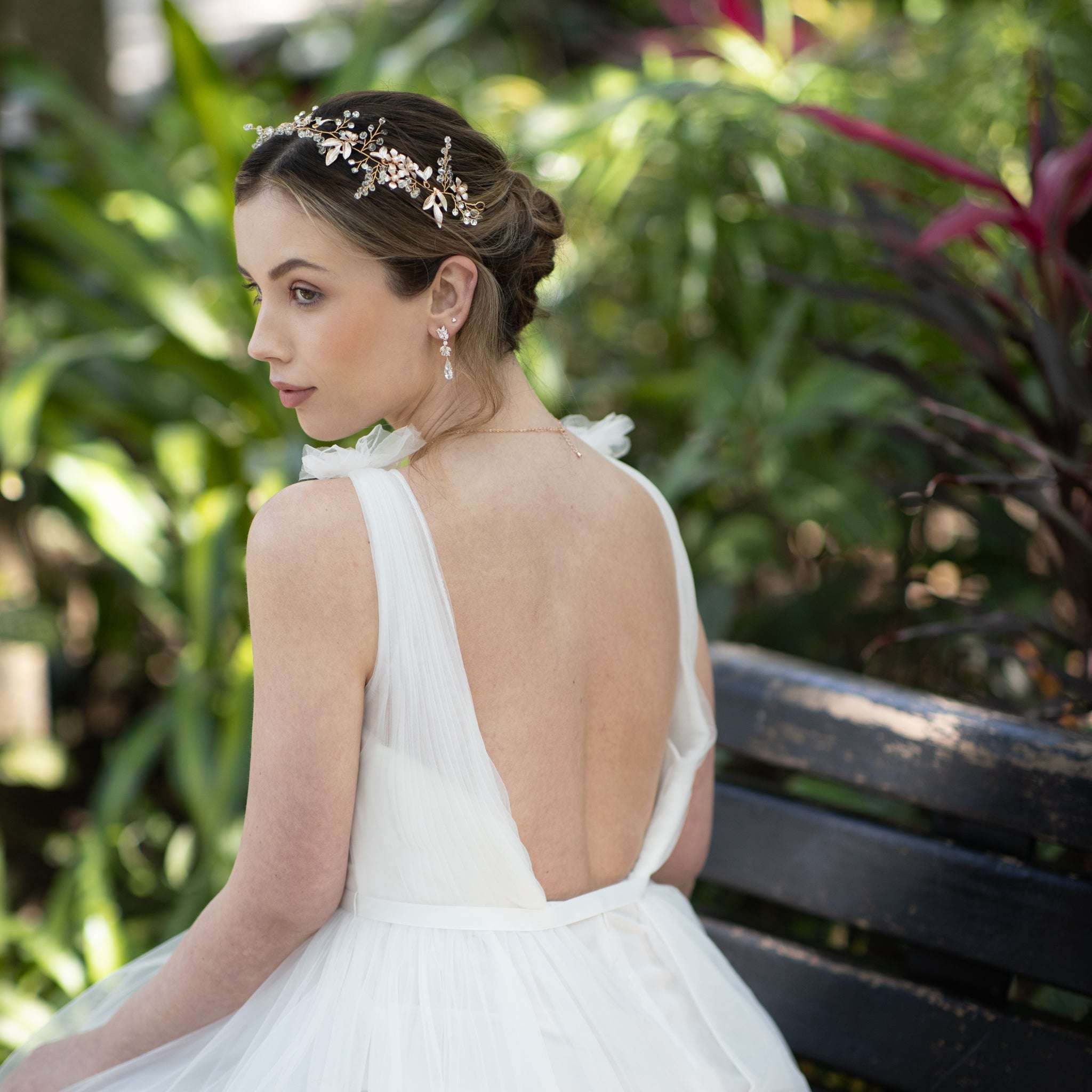 Jules Bridal - Dianthe, Grecian Goddess Crystal Hair Vine in Gold with Pearls and Floral Motifs