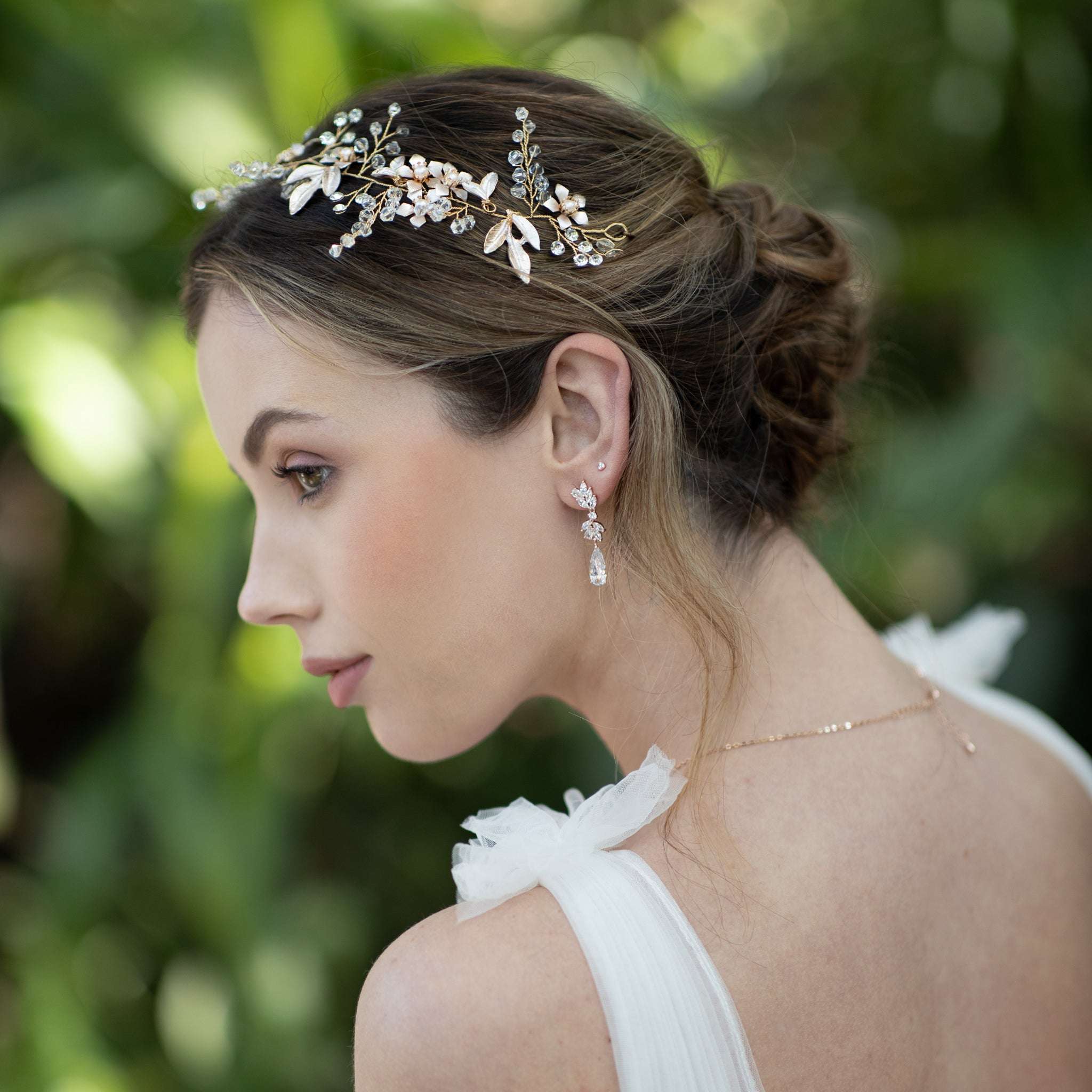Jules Bridal - Dianthe, Grecian Goddess Crystal Hair Vine in Gold with Pearls and Floral Motifs