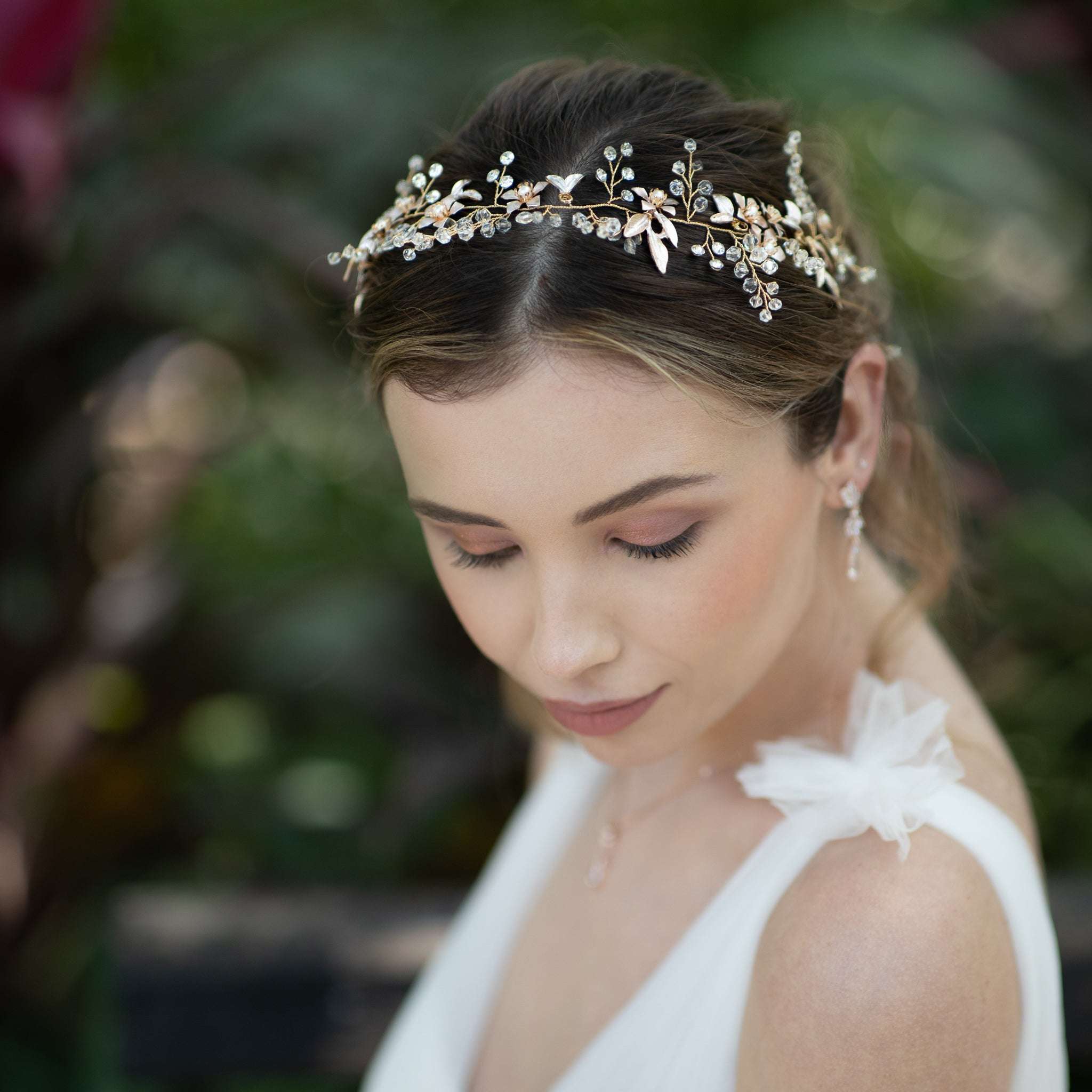 Jules Bridal - Dianthe, Grecian Goddess Crystal Hair Vine in Gold with Pearls and Floral Motifs