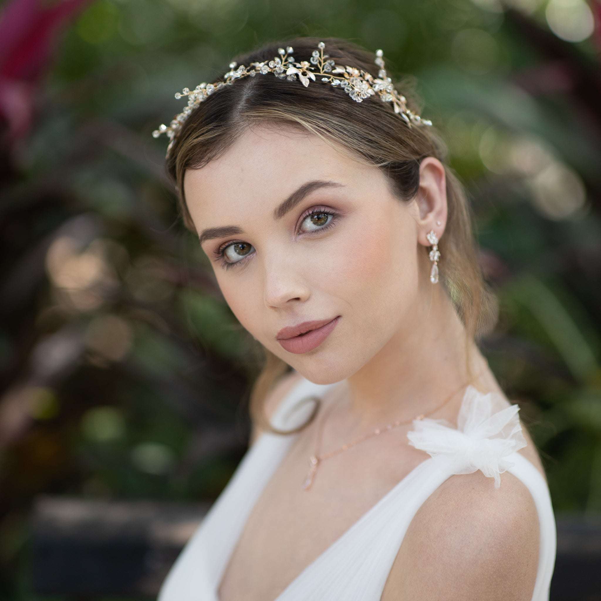 Jules Bridal - Dianthe, Grecian Goddess Crystal Hair Vine in Gold with Pearls and Floral Motifs