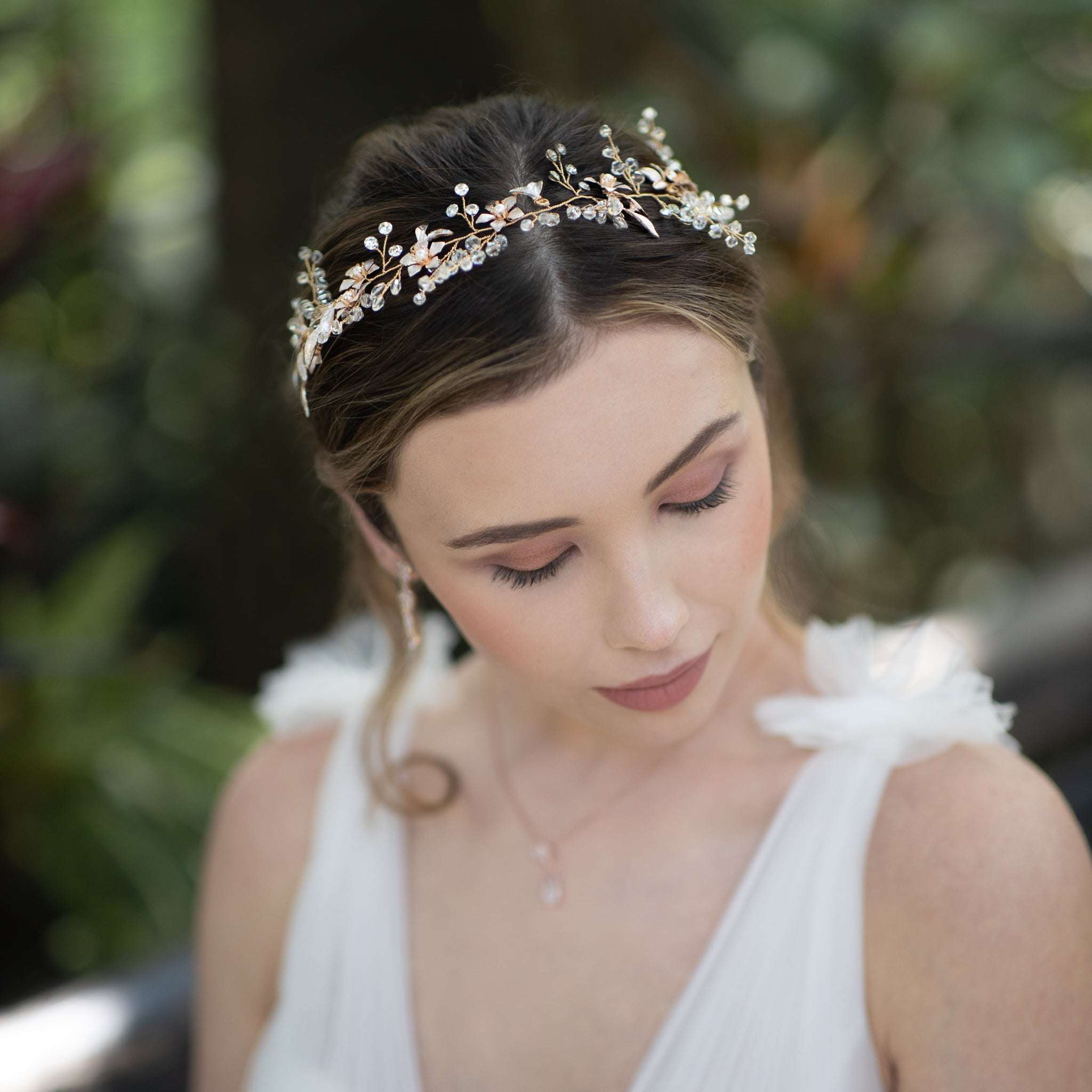 Jules Bridal - Dianthe, Grecian Goddess Crystal Hair Vine in Gold with Pearls and Floral Motifs