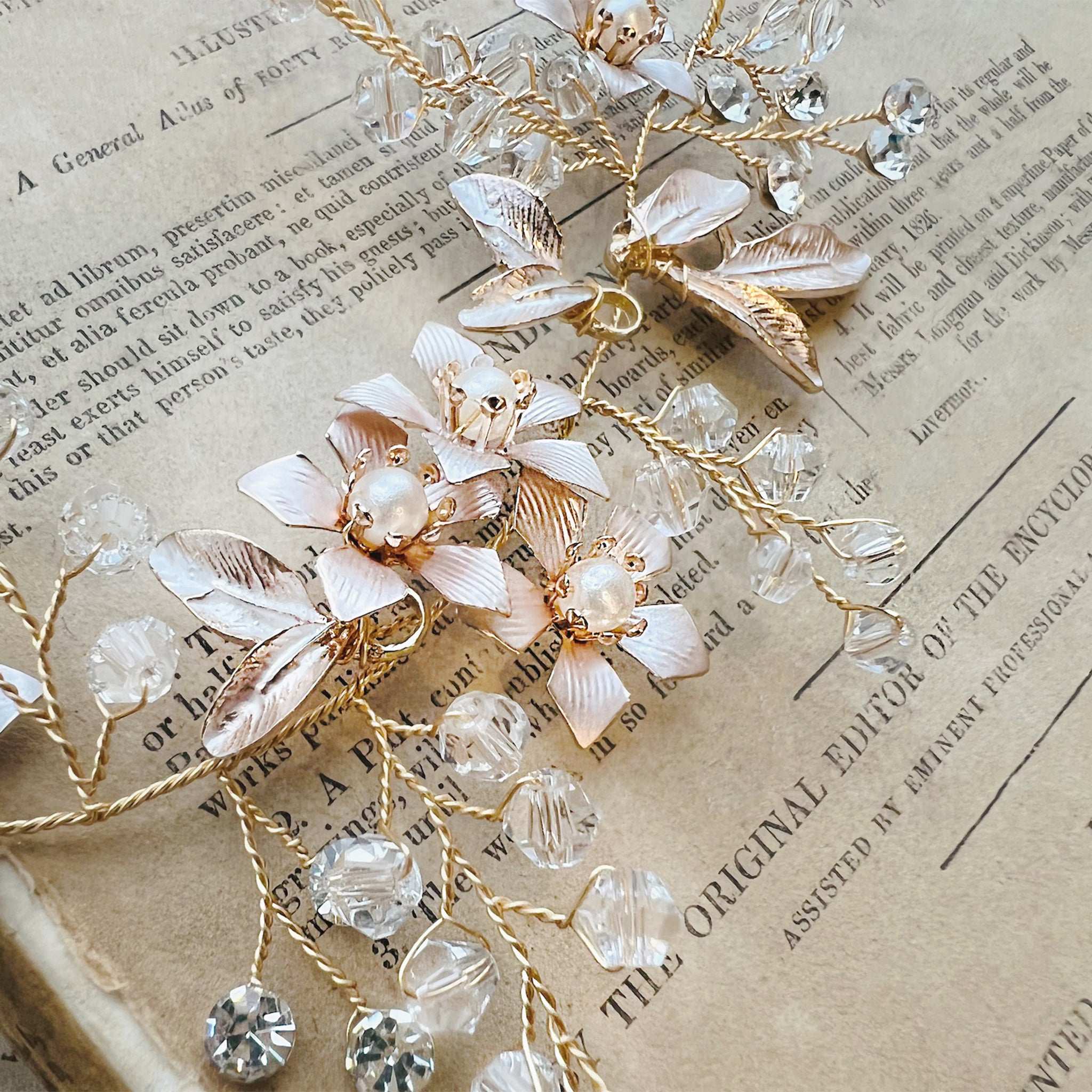 Jules Bridal - Dianthe, Grecian Goddess Crystal Hair Vine in Gold with Pearls and Floral Motifs