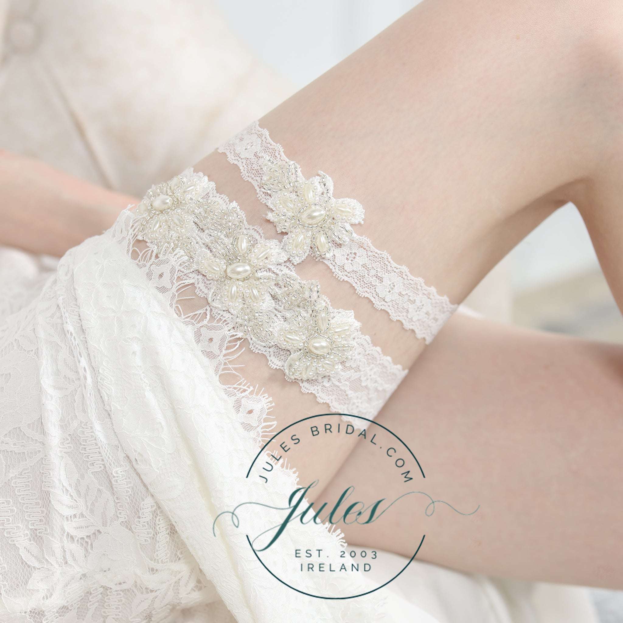 Dordi, Vintage Inspired Pearl Beaded Lace Garter Set