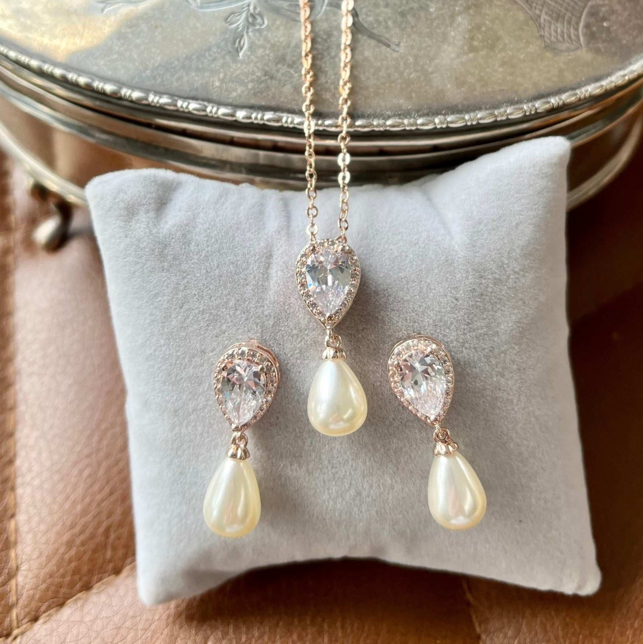 Alisha Jewellery Set, Rose Gold Crystal Teardrop Pearl Earrings with Pendant Necklace