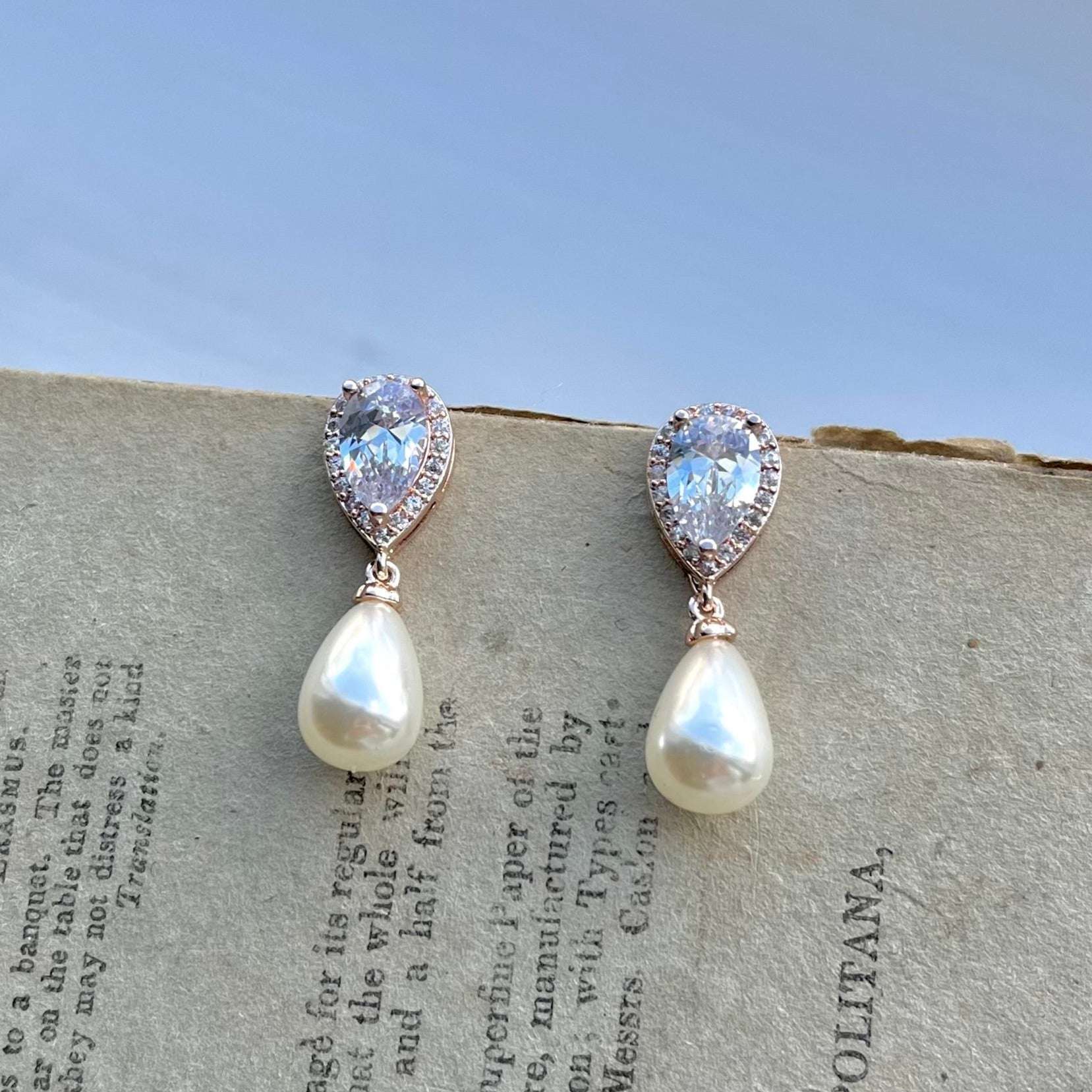 Alisha Jewellery Set, Rose Gold Crystal Teardrop Pearl Earrings with Pendant Necklace
