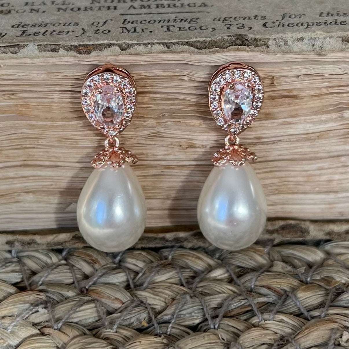 Christine, Crystal Pearl Drop Earrings in Rose Gold
