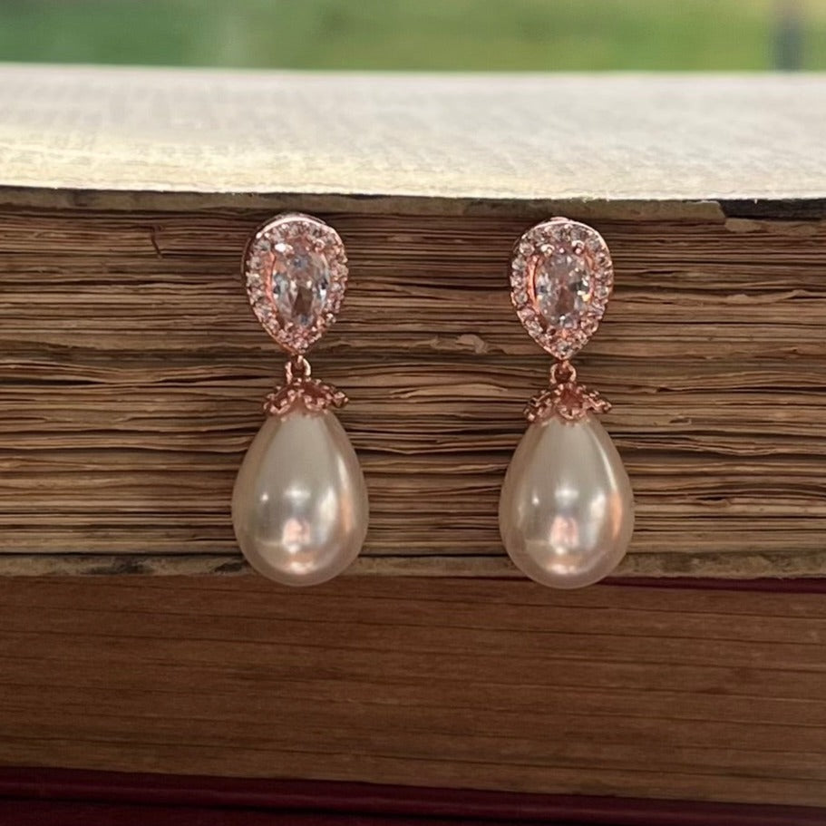 Christine, Crystal Pearl Drop Earrings in Rose Gold