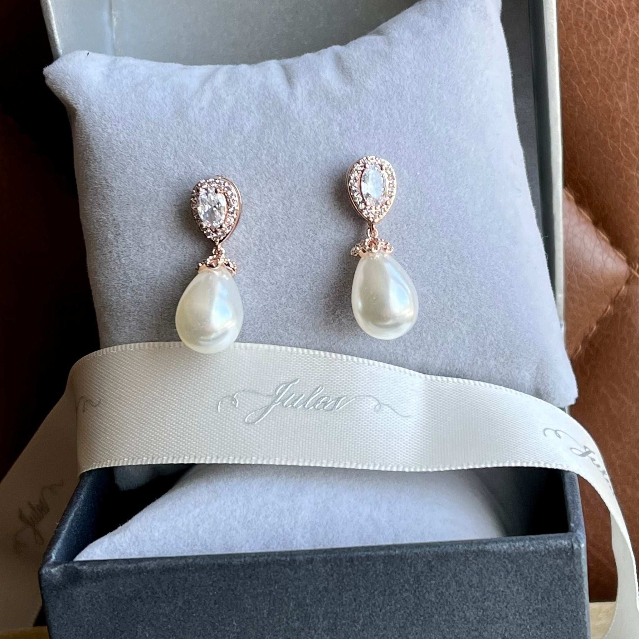 Christine, Crystal Pearl Drop Earrings in Rose Gold