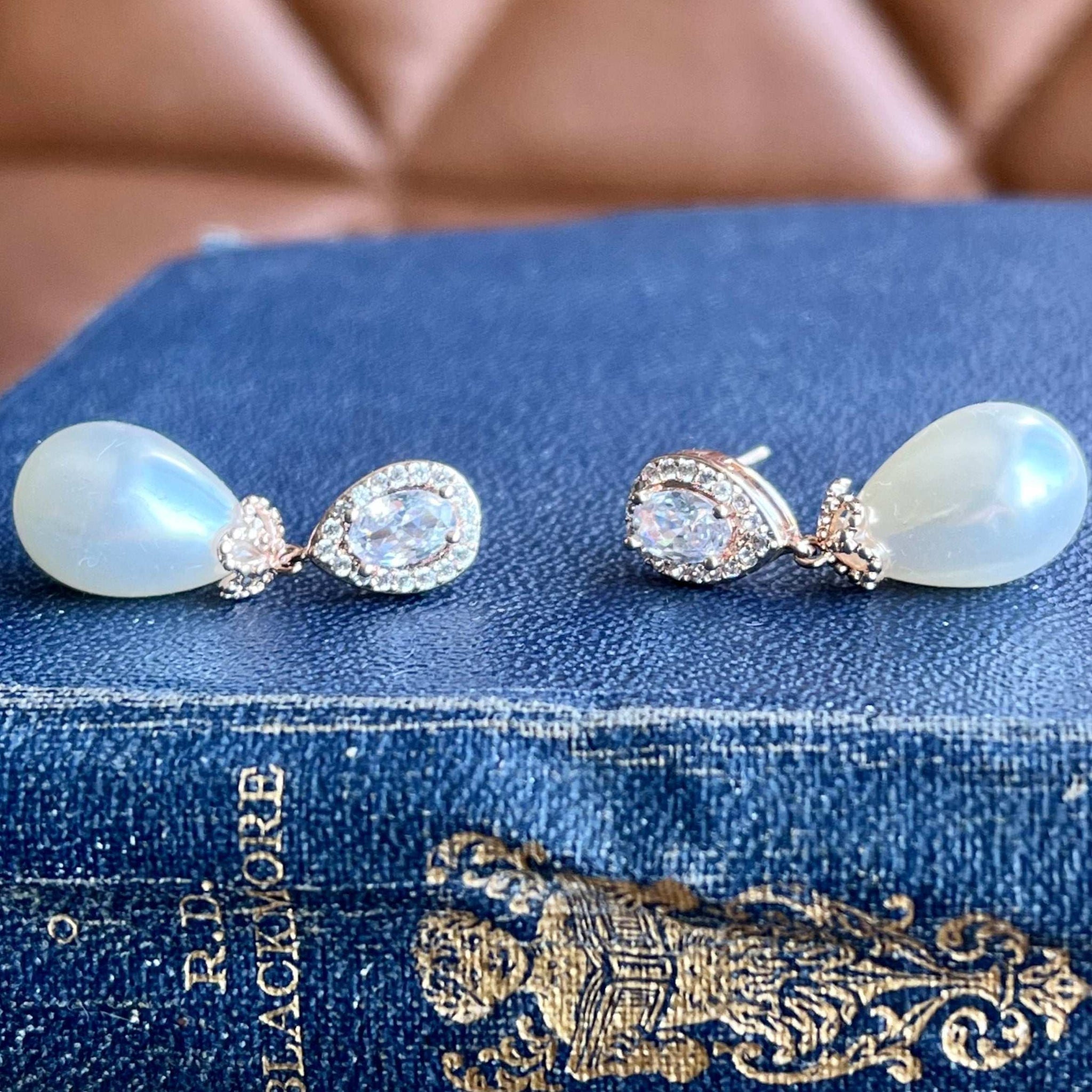 Christine, Crystal Pearl Drop Earrings in Rose Gold