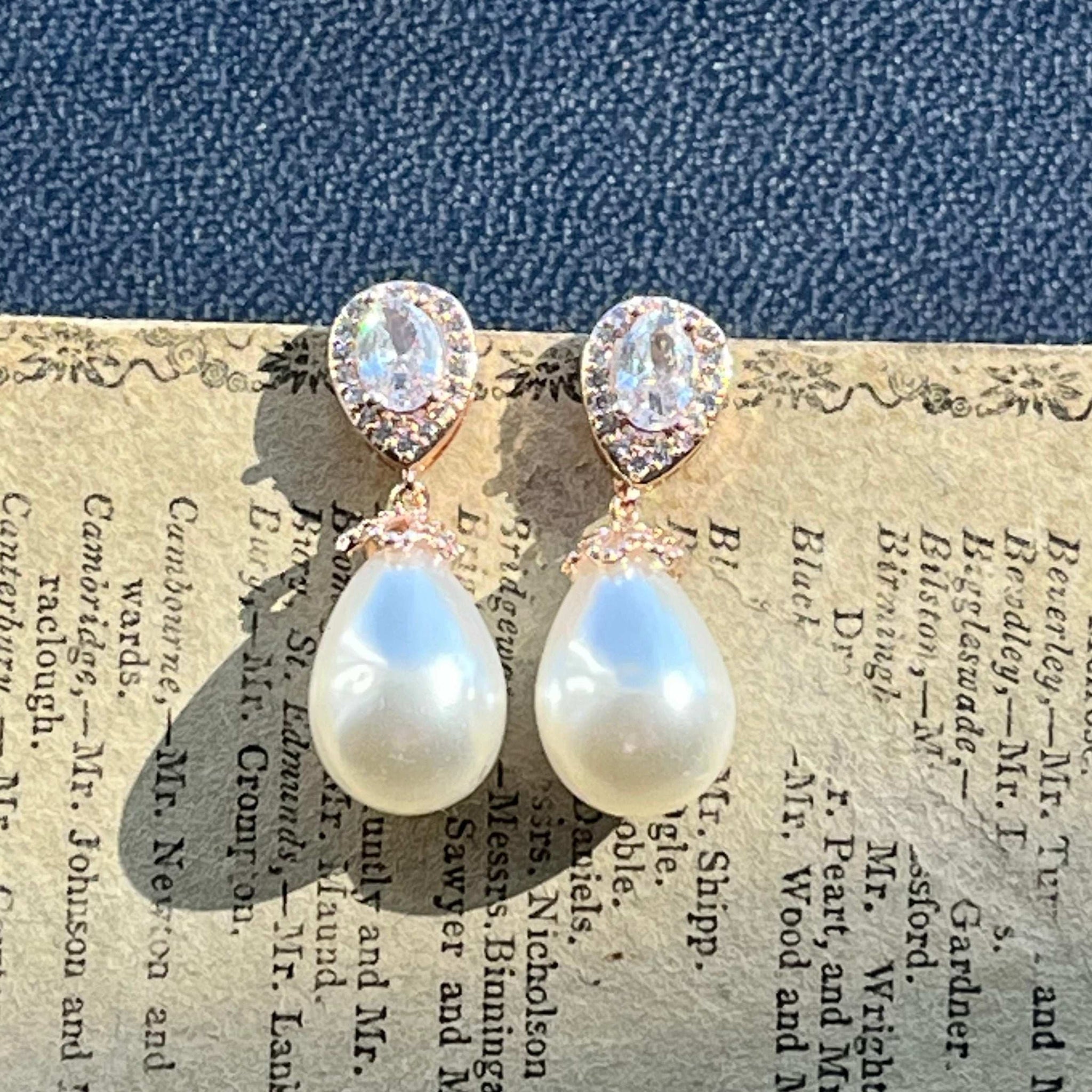 Christine, Crystal Pearl Drop Earrings in Rose Gold