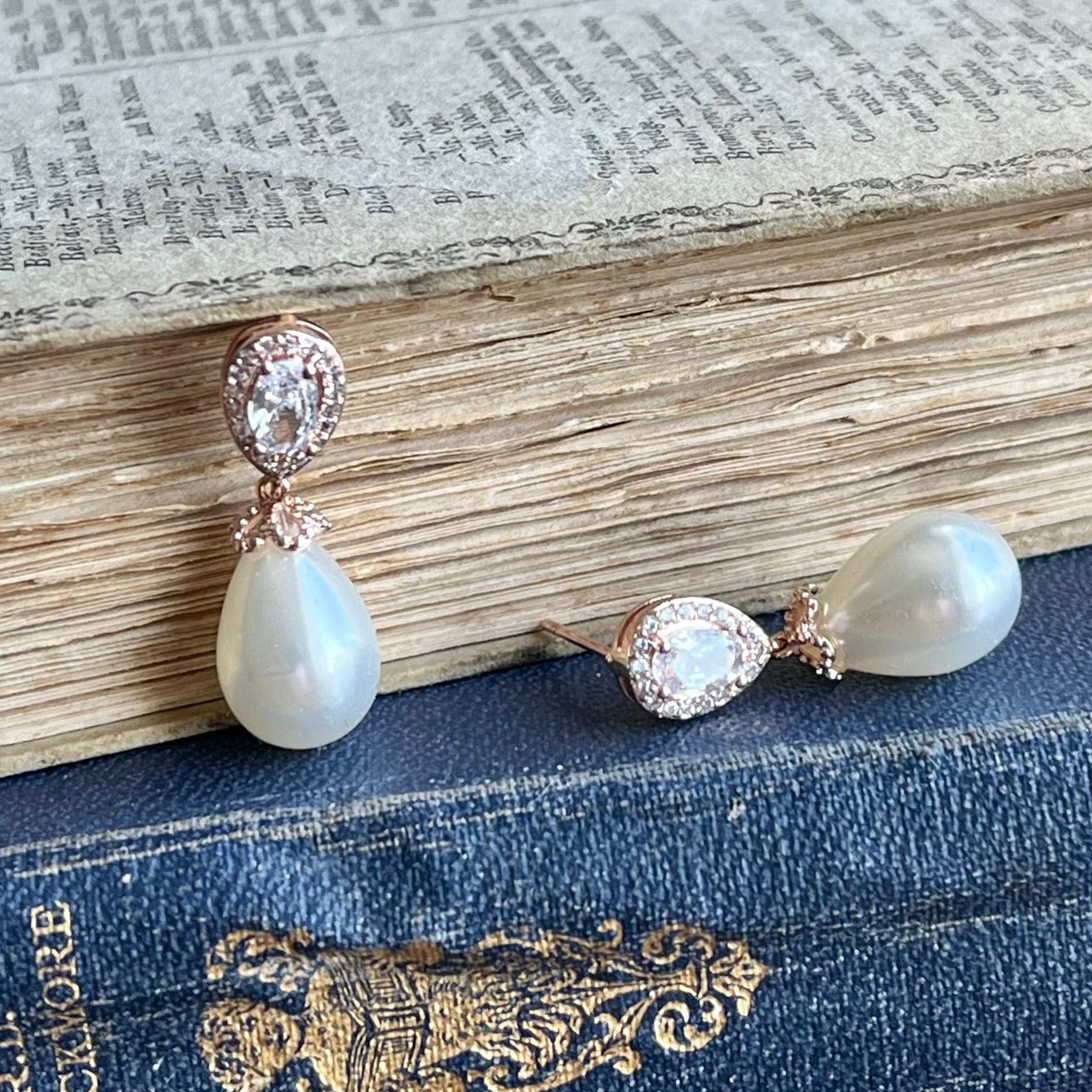 Christine, Crystal Pearl Drop Earrings in Rose Gold