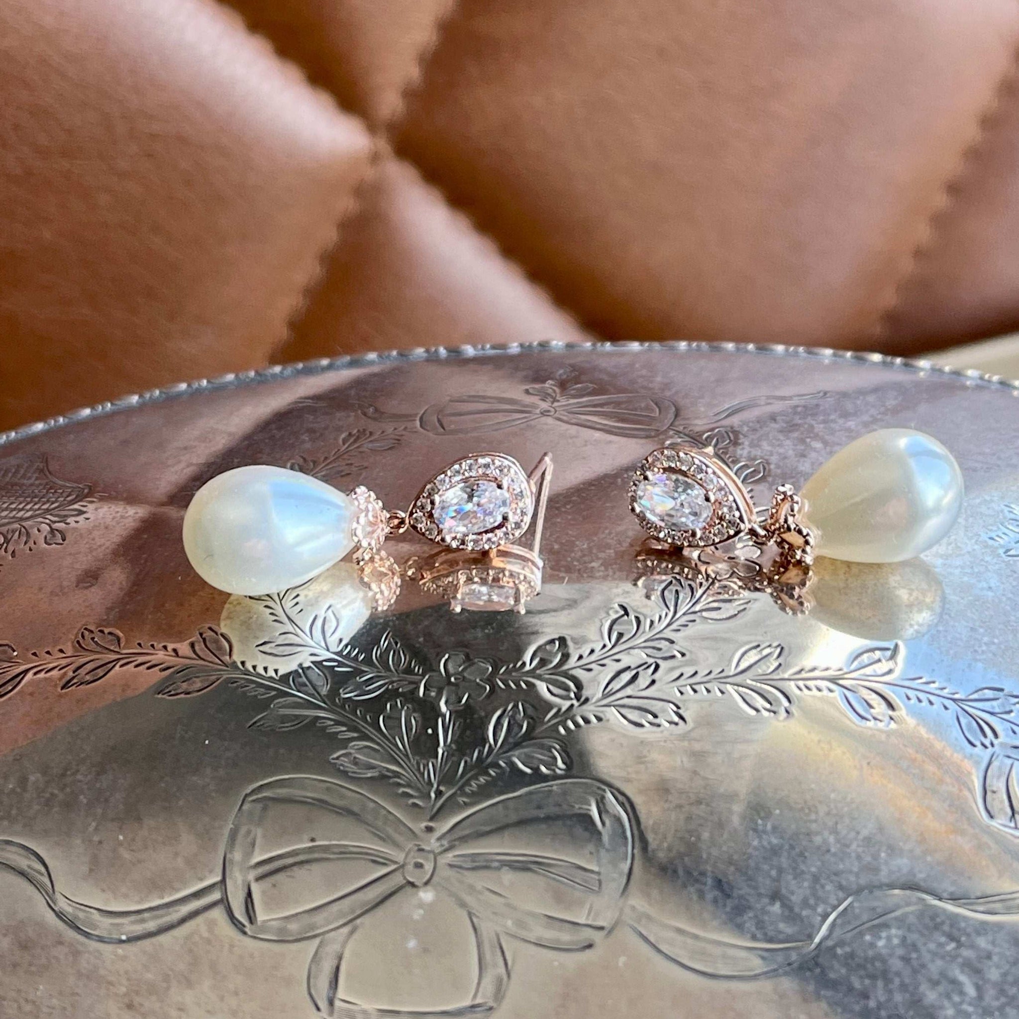 Christine, Crystal Pearl Drop Earrings in Rose Gold