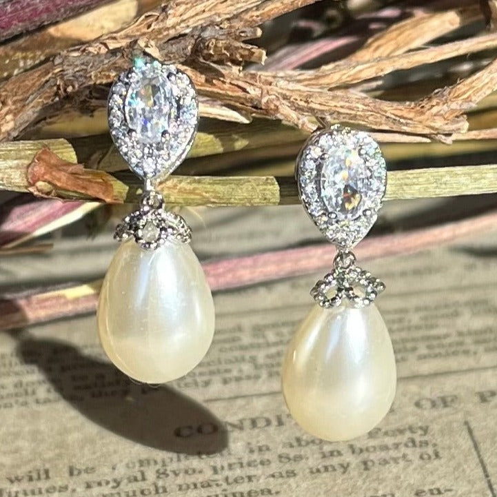 Christine, Crystal Pearl Drop Earrings in Silver