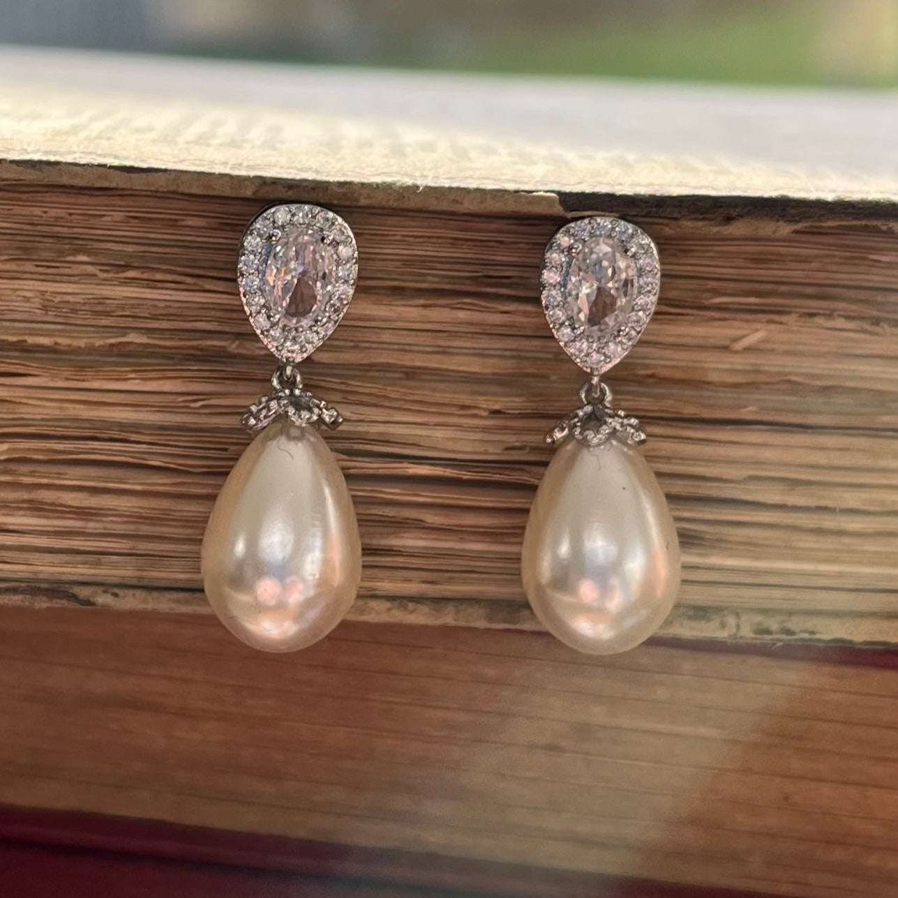 Christine, Crystal Pearl Drop Earrings in Silver