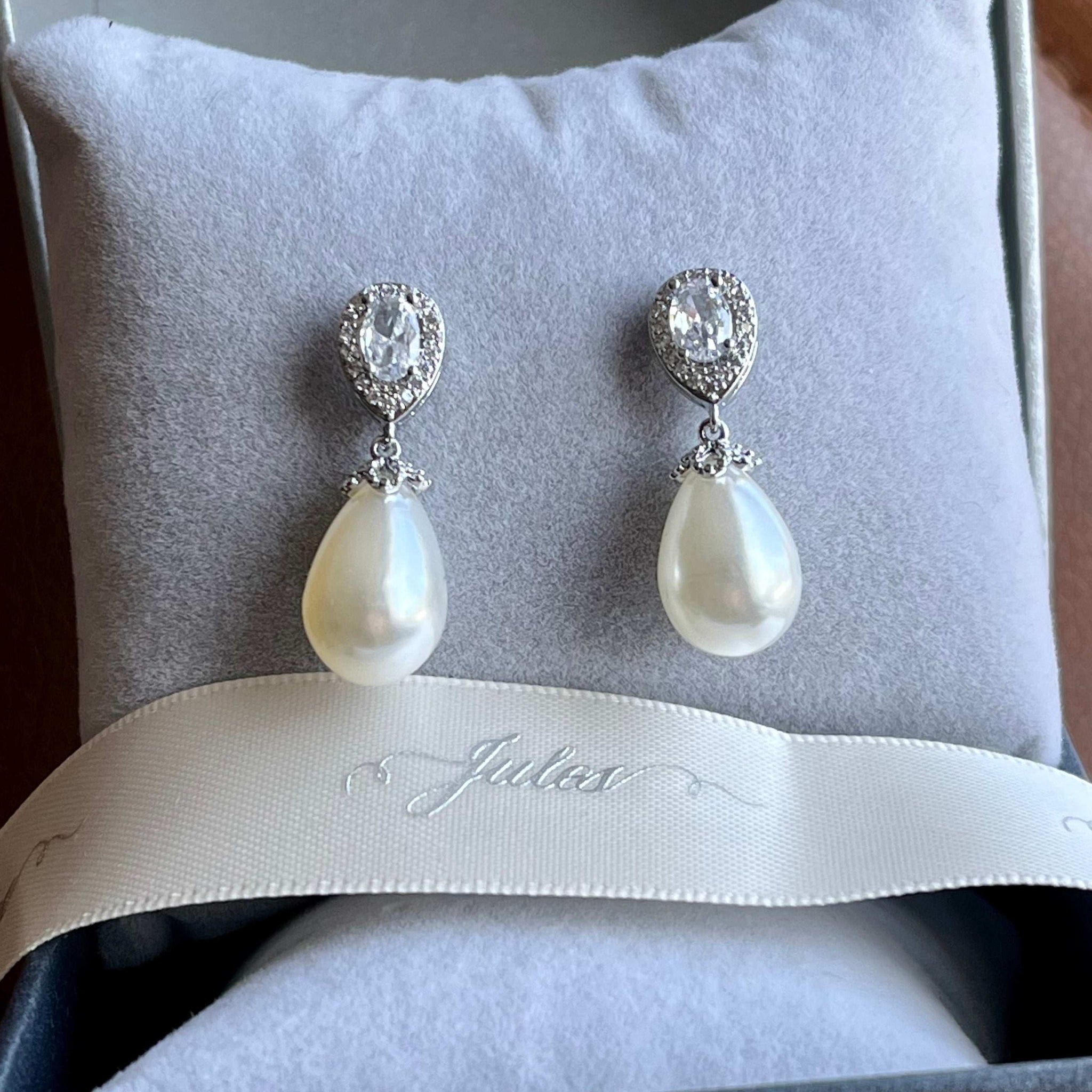 Christine, Crystal Pearl Drop Earrings in Silver
