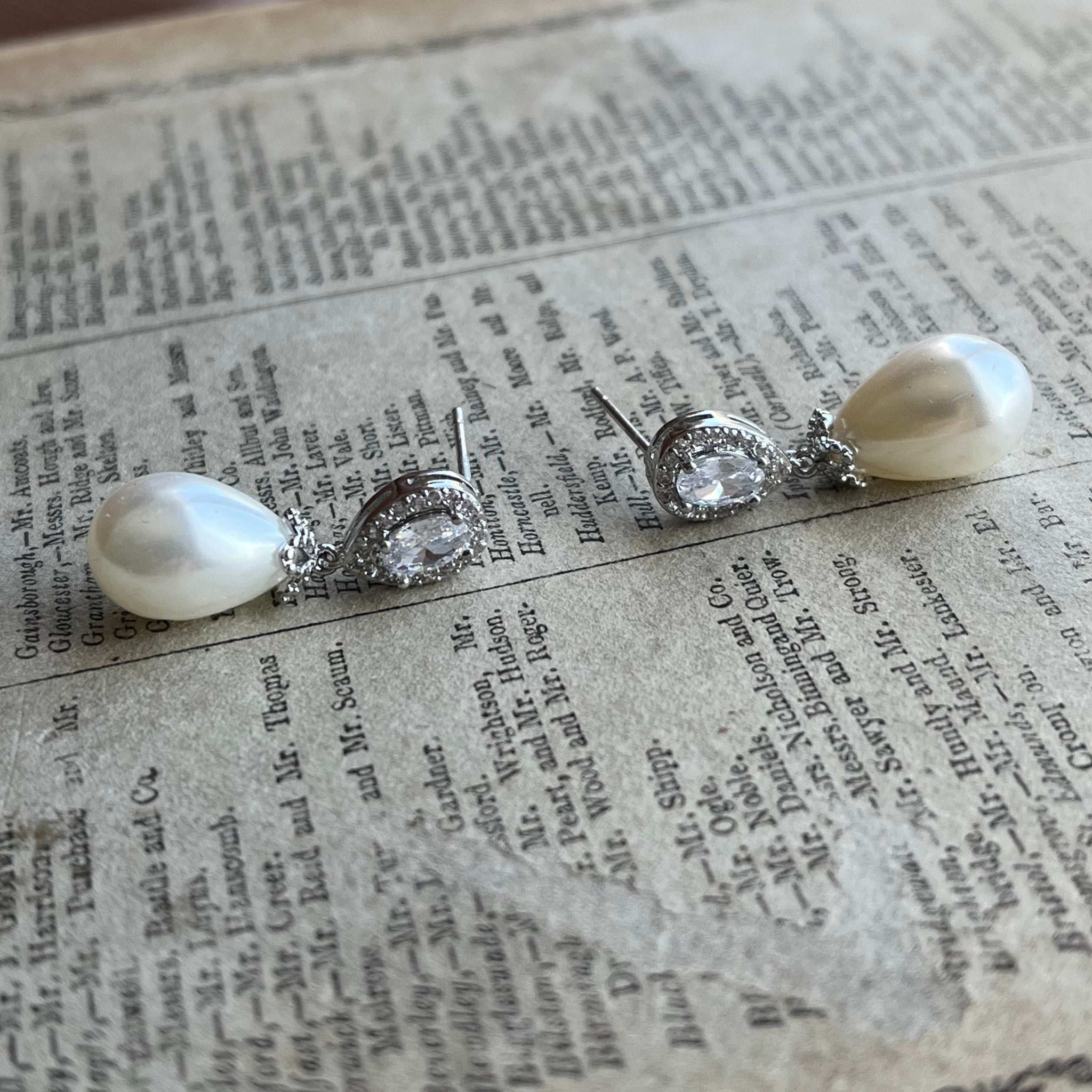 Christine, Crystal Pearl Drop Earrings in Silver