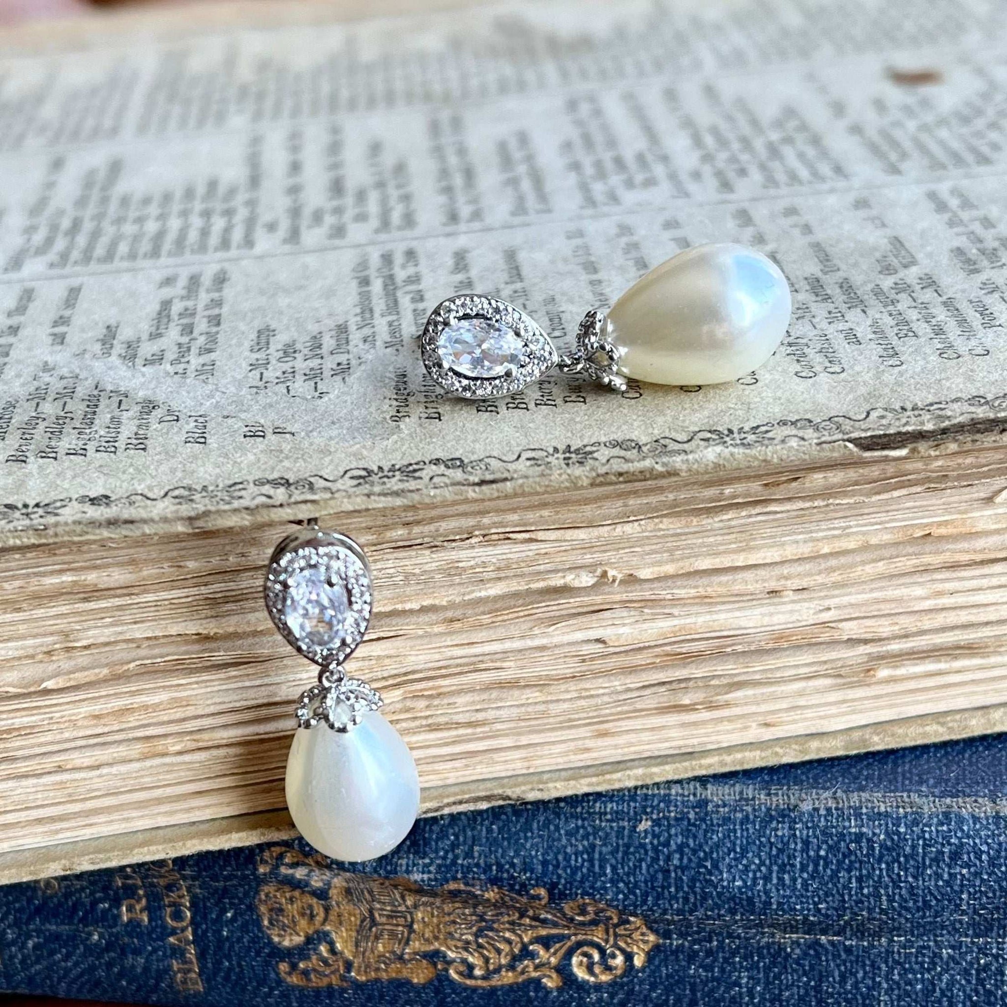 Christine, Crystal Pearl Drop Earrings in Silver