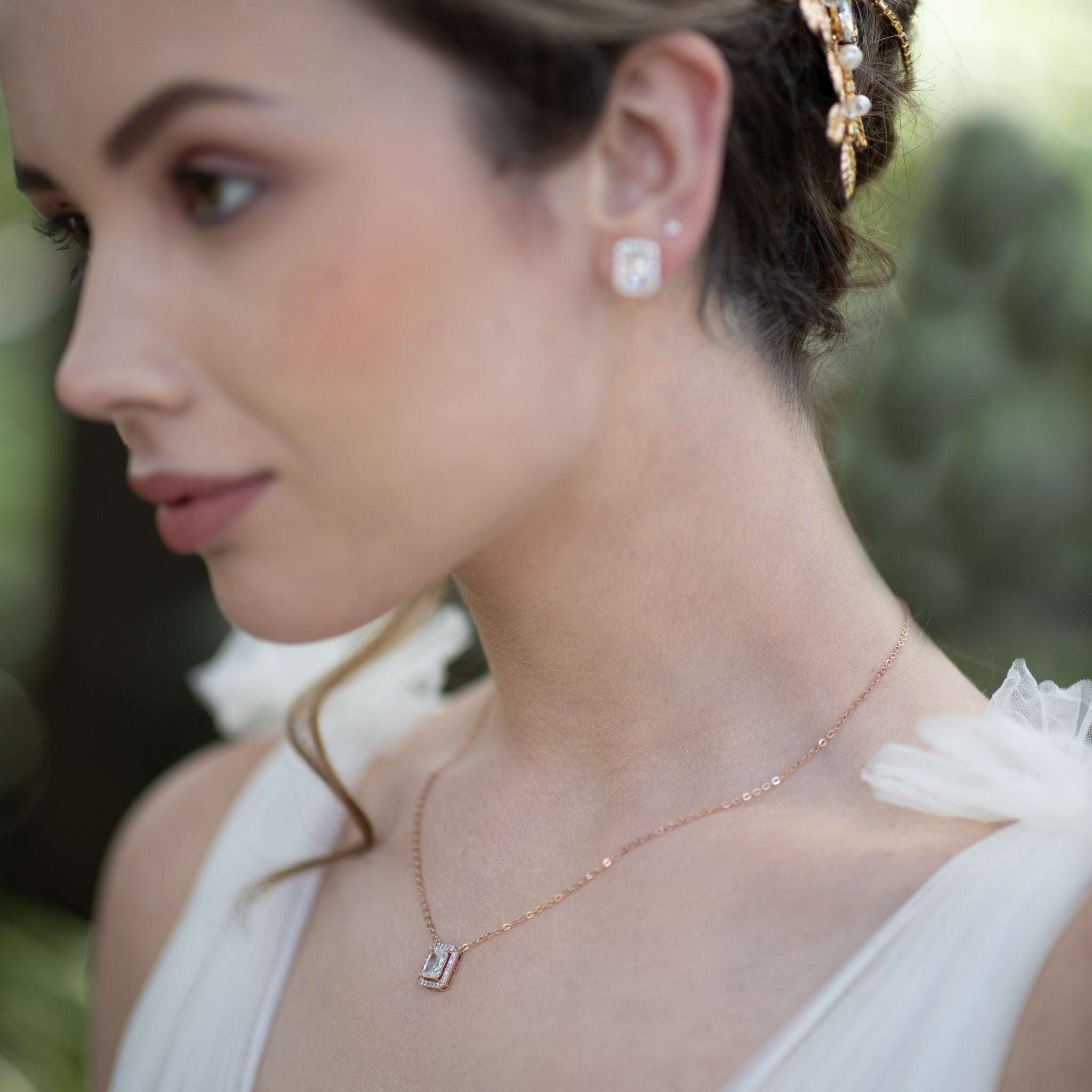 Elsa Emerald Cut Jewellery Set, Rose Gold Crystal Earrings with Necklace