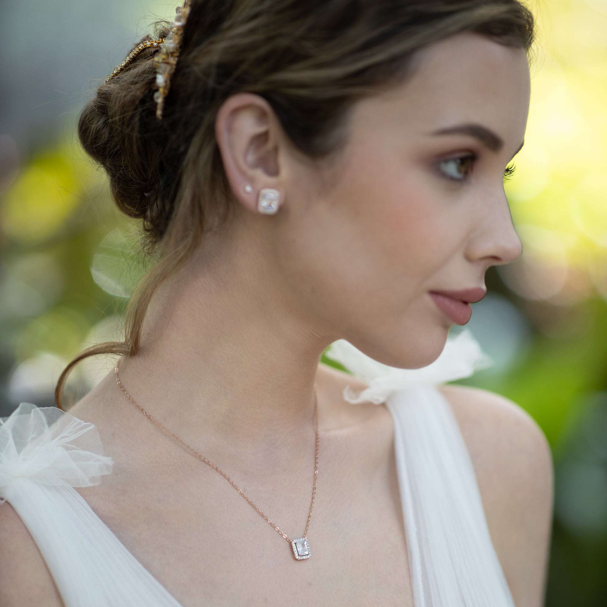 Elsa Emerald Cut Jewellery Set, Rose Gold Crystal Earrings with Necklace
