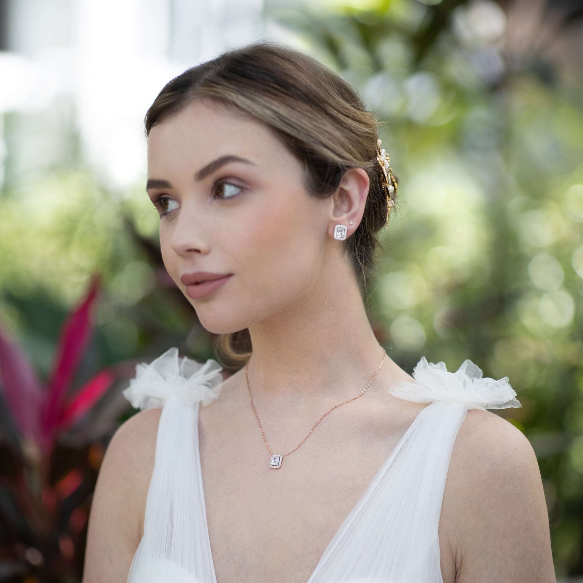 Elsa Emerald Cut Jewellery Set, Rose Gold Crystal Earrings with Necklace