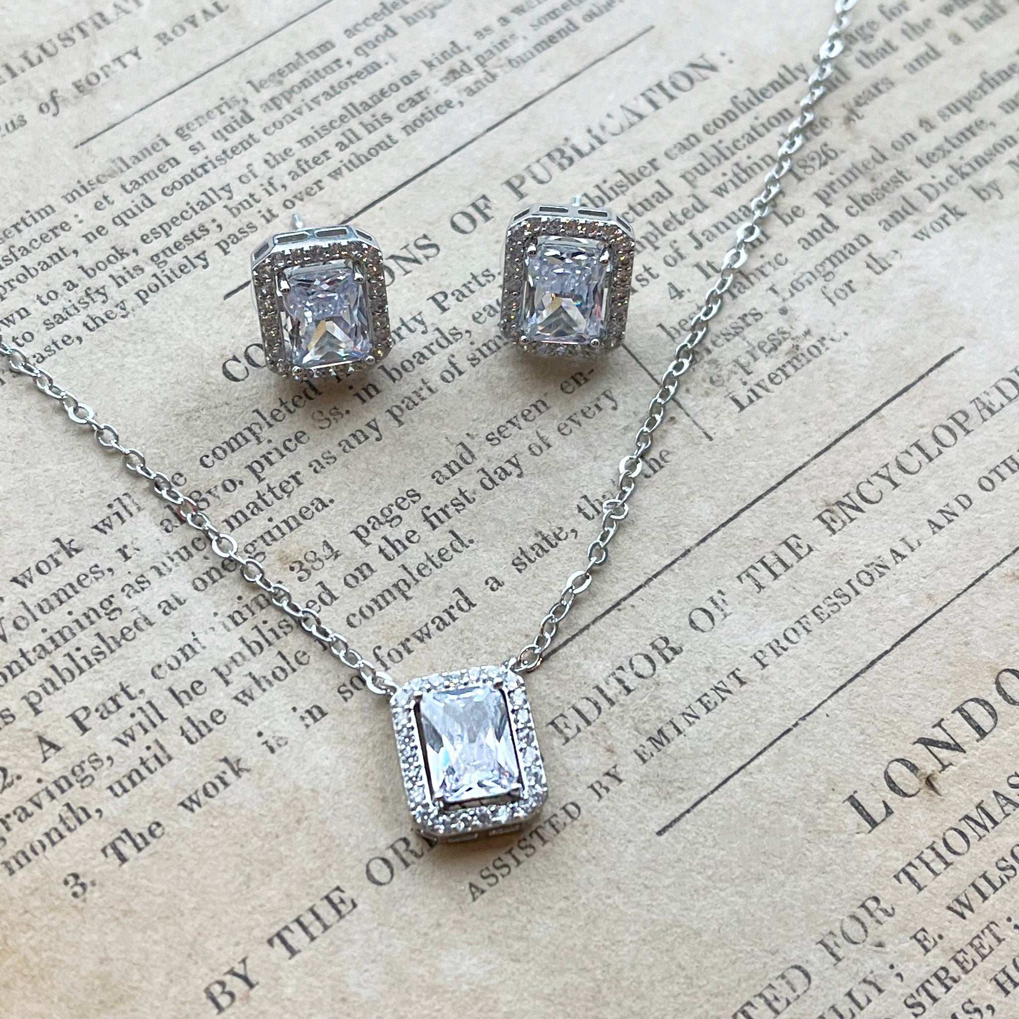 Elsa, Emerald Cut Crystal Earrings and Necklace Set in Silver