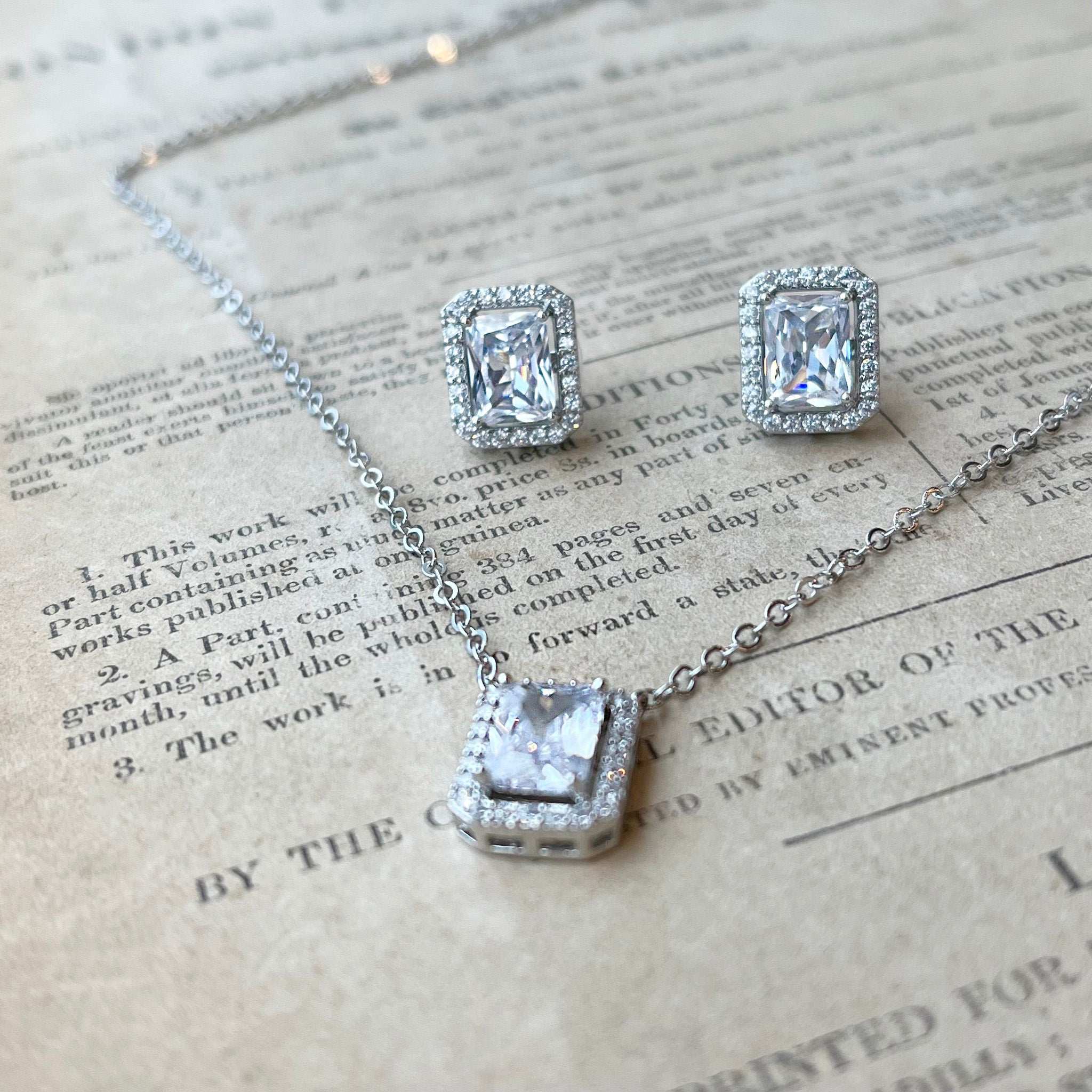Elsa, Emerald Cut Crystal Earrings and Necklace Set in Silver